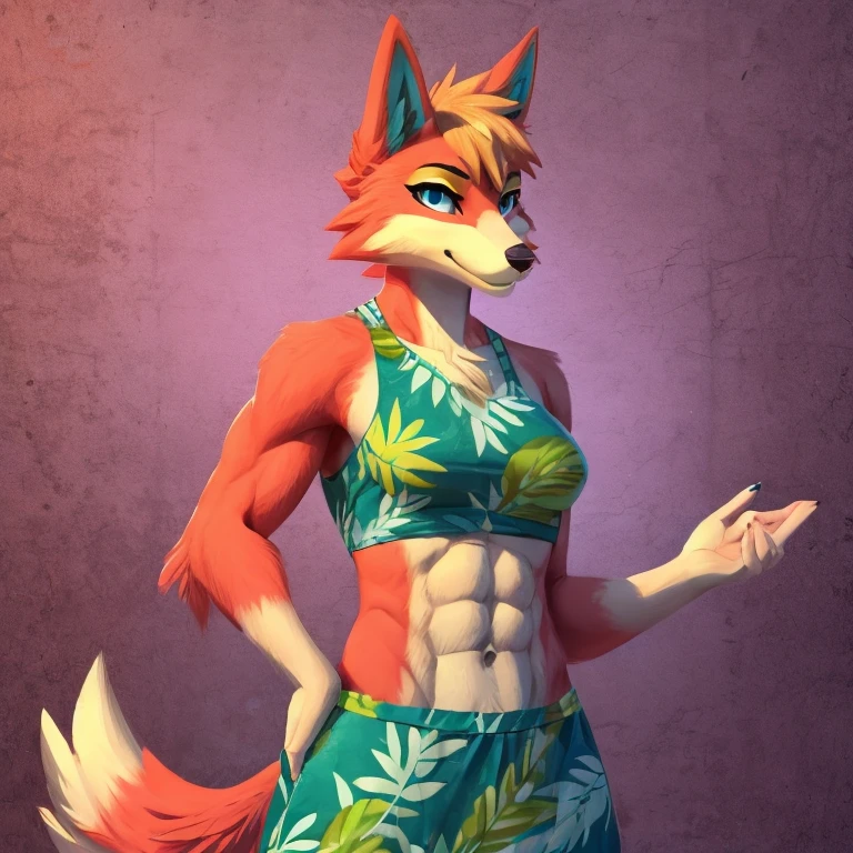 a digital artwork of audie with abs wearing a crop top of her  default Hawaiian dress  with a bare midriff and a bare navel , digital art, ((perfect face)), ((best quality)), ((masterpiece)),