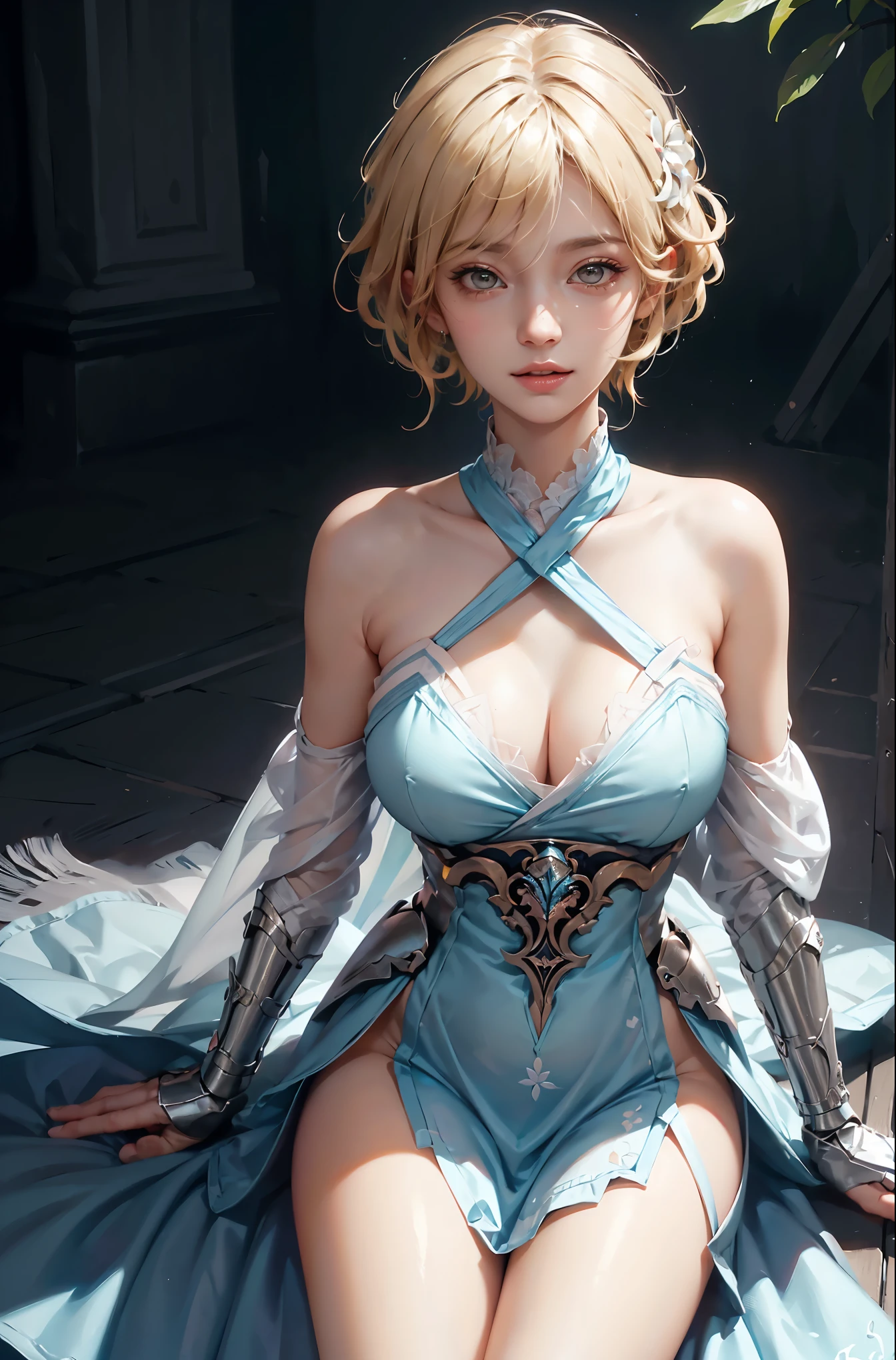 ((Bare shoulder)), cleavage, large breasts, , (knee shot), (Surreal), (illustration), (Resolution enhancement), (8k), (Very detailed), (Best illustration), (Beautiful and delicate eyes), (best quality), (Super detailed), (masterpiece ), ( wallpaper), (Detailed face),one blonde, curls,(High top fade in and out:1.3), (Smile brightly, bright look), dark theme, soothing tone, pastel colors, high contrast, (natural skin texture, Surrealism, soft light, Impatient),exposure blending, medium shot, Bokeh, (human development report:1.4), high contrast, (Movie, teal and orange:0.85), (pastel colors, fade, soothing tone:1.3), high saturation, (Super detailed:1.2),(big breasts :1.2)