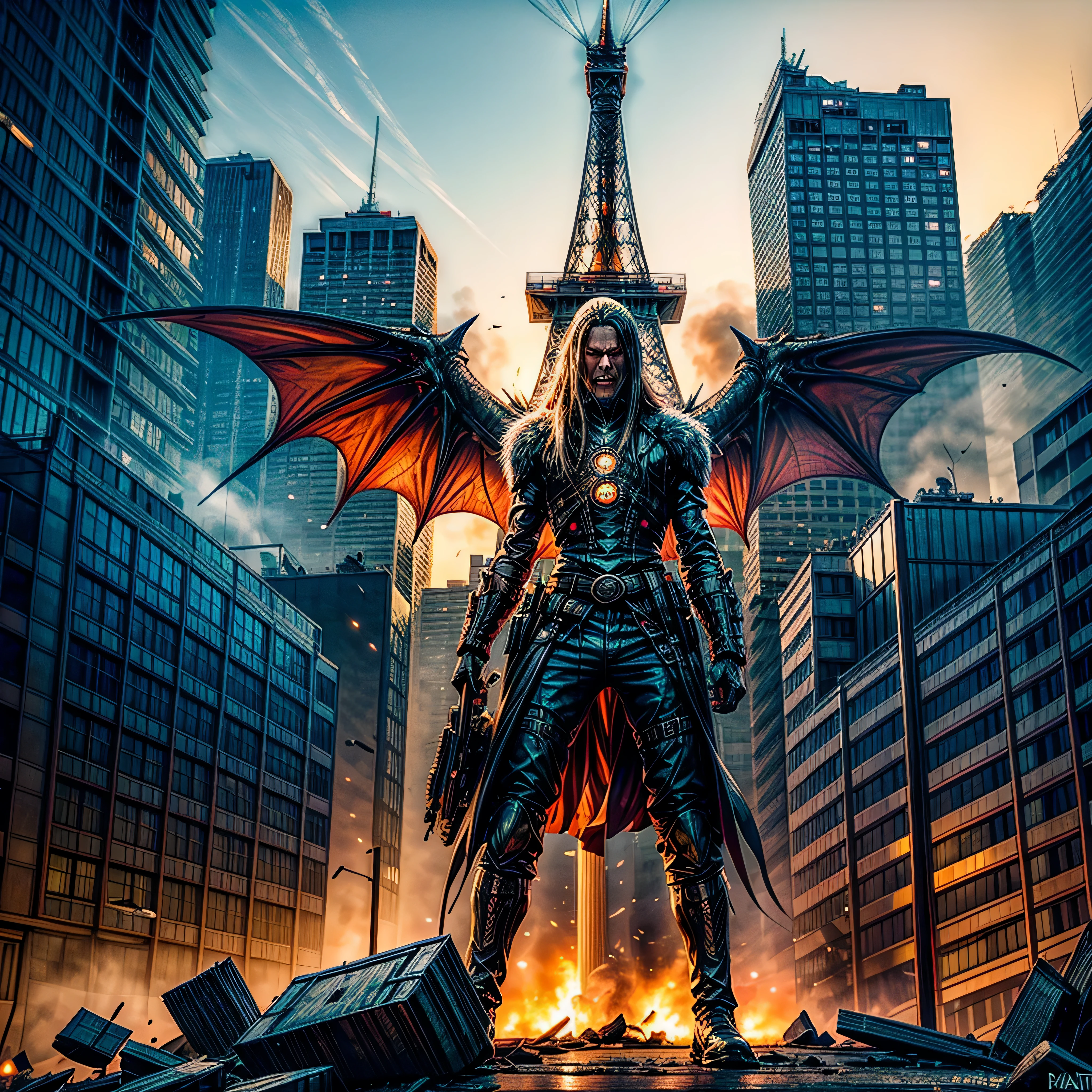 sunset, Scene Hero type depiction of adventurers fighting a dragon, action pose, Giant Dragon climbing Eiffel, Huge Dragon on a large scales, Majestic Titanium Dragon, Huge Giant Monarch, Detailed background, Dystopian cityscape, Apocalyptic city skyline, The ruins of the wrecked city, The demolished urban environment, Climbing Eiffel Crumbling streets, Desolate city center, Scattered skyscrapers, Climbing buildings, Infrastructure damage, Roads and bridges were damaged, Crashed vehicle,Falling debris, Burning wreckage, Smoggy air, deserted city, Glowing eyes, sparkle eyes, Fierce eyes, menacing eyes, glowing light eyes, piercing eyes, Powerful eyes, Ominous eyes, Illuminate your eyes, Sharp teeth, Sharp fangs, Fierce jaws, Powerful jaws, Very wide open mouth, Long tongue, Whip the tongue, Slimy saliva,Toxic saliva, Huge feet, Huge stomping, Huge claws, Crushing force, Scaly covered skin, glistning skin, Thick armored hides, Alien textures, Iridescent surface, Bioluminescent pattern, Dark and dangerous atmosphere, Sinister and contemplative emotions, Ominous and ominous environment, Mysterious and eerie environment, Cinematic lighting, Dramatic lighting, eerie lights, Surreal lighting, Otherworldly lighting, Ominous Shadows, Descending shadows, Creeping shadows, Explosions and sabotage, Holocaust, Chaos and panic, battles, resistance, Fight hard to survive, A huge Dragon over the city, In contrast，Cities are playgrounds for creatures, An epic confrontation between monsters and humans, Dark and moody color scheme, Vibrant neon lights, Pulsating electrons. Eiffel deep path equirectangular symmetrical meticulously intricate Cinematic sunlight ultra_high-details extreme improved ultra_high-quality ultra_high-resolution ultra professional photorealistic optimal ultra_sharp-focus ultra_high-definition 32K XT3 DSLR vivid colors-coded saturate tone-mapping fleuraison monarch varies multi etc. --v6 --s1000 --c20 --q5 --chaos100
