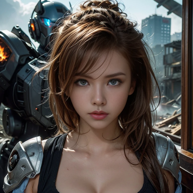 (highest quality、4K、High resolution、master piece: 1.2)、Super detailed、real: 1.37、Natural light、Portrait、surreal colors、futuristic style、Crumbling cityscape、Overgrown vegetation、Foggy atmosphere、Contrasting shadows、tattered clothes、A strong and confident gaze、Abandoned Objects、desolation、Destroyed building silhouette、vivid graffiti、Empowering pose、hair fluttering in the wind、Expressive facial features、unforgettable beauty、Dramatic sky、eerie clouds、intricate details、urban decline、post-apocalyptic setting、Ruins in nature 、Majestic Skyline、Desperate struggle、Creepy Presence、Thought of power、強化されたThought of power、intensity of emotions、Tense atmosphere、heroic attitude、intense action、Fearless Determination、Survival from all odds、Dangerous landscapes、Iconic battle、cinematic composition、epic showdown、A moment frozen in time、mysterious aura、fortitude、Women's Support、strong female protagonist、Fascinating story、Women's power、Fierce determination、Empowering Stories、Behind her is a huge(The invader's mech is on fire and about to collapse.:1.3)
