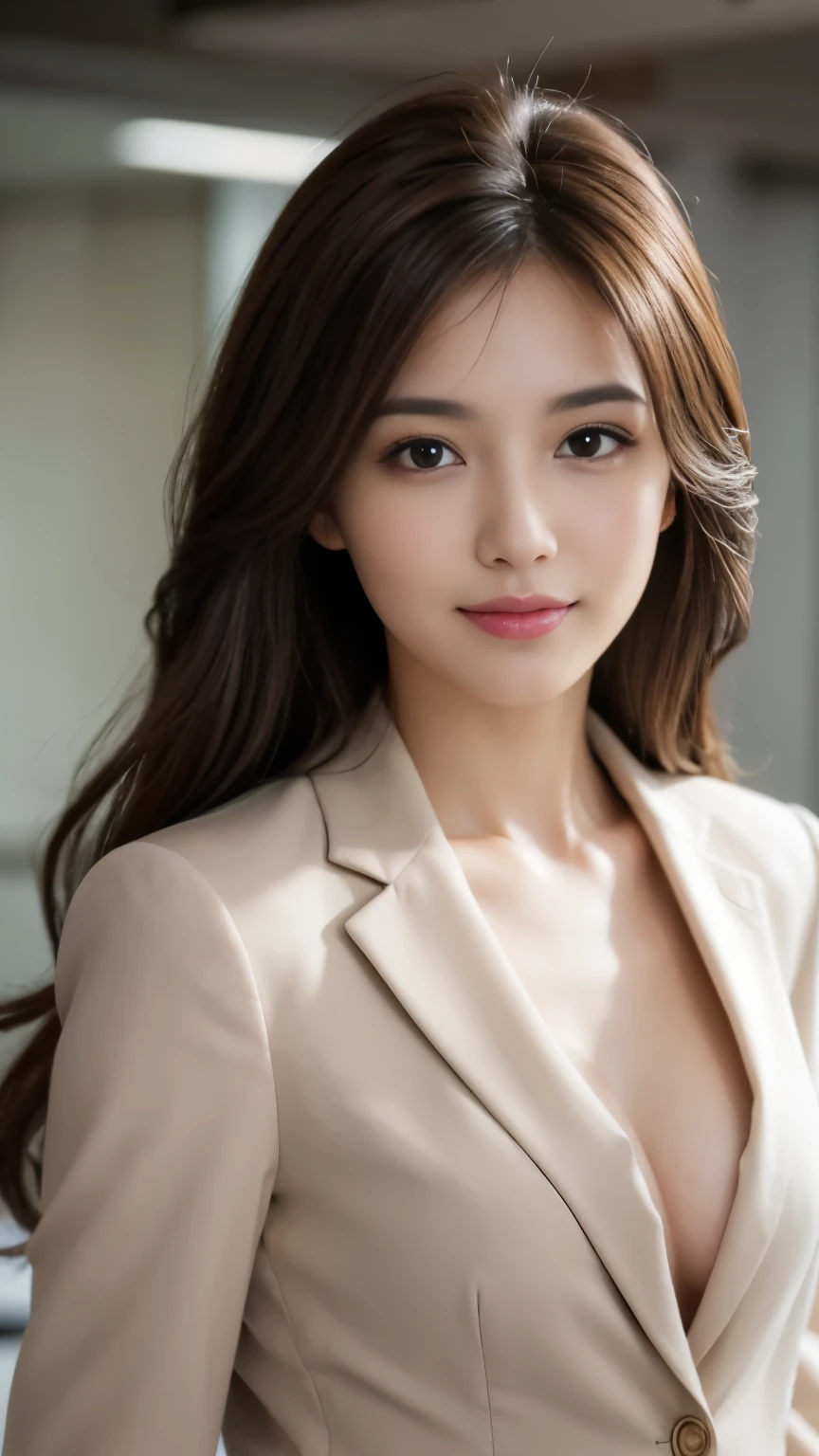 table top, highest quality, realistic, Super detailed, finely, High resolution, 8k wallpaper, 1 beautiful woman,, light brown messy hair, wearing a business suit, sharp focus, perfect dynamic composition, finelyて美しい目, thin hair, Detailed and realistic skin texture, smile, close-up portrait, model body shape