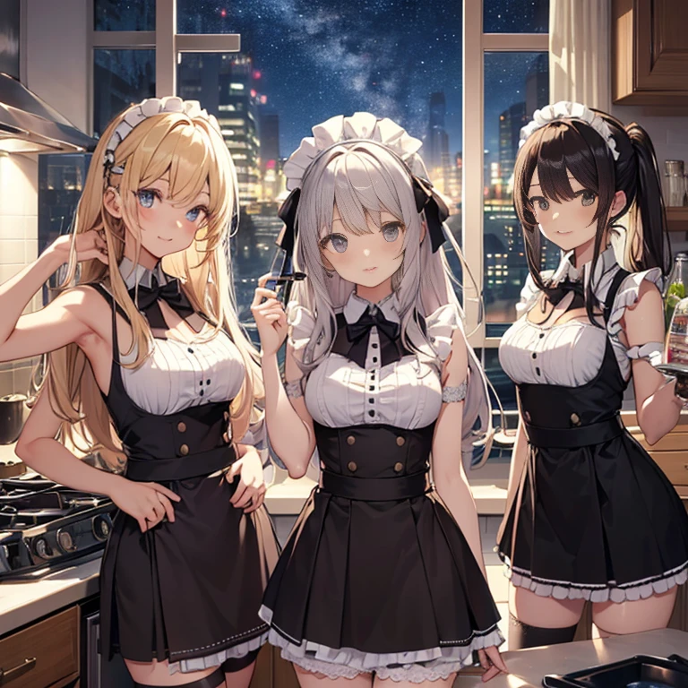 A group of maids, (in kitchen), various hair styles, harem, wearing maid uniform, night, details face, , short skirt, seducing, sleeveless , night, starry night, armpits