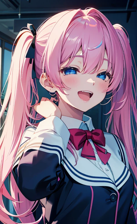 (masterpiece、top-quality、8k size wallpaper、offcial art)、(face focus:1.6,portrait,upper body:1.6)、(1girl),(very loud laugh,Open mouth:1.3),(closed eyes),cute face,blue eyes、twintails、
,(stand),
,(sexy body),(school uniform),(long fluorescence pink hair1.3), (small breasts)、
、fluorescence、classroom,JK、