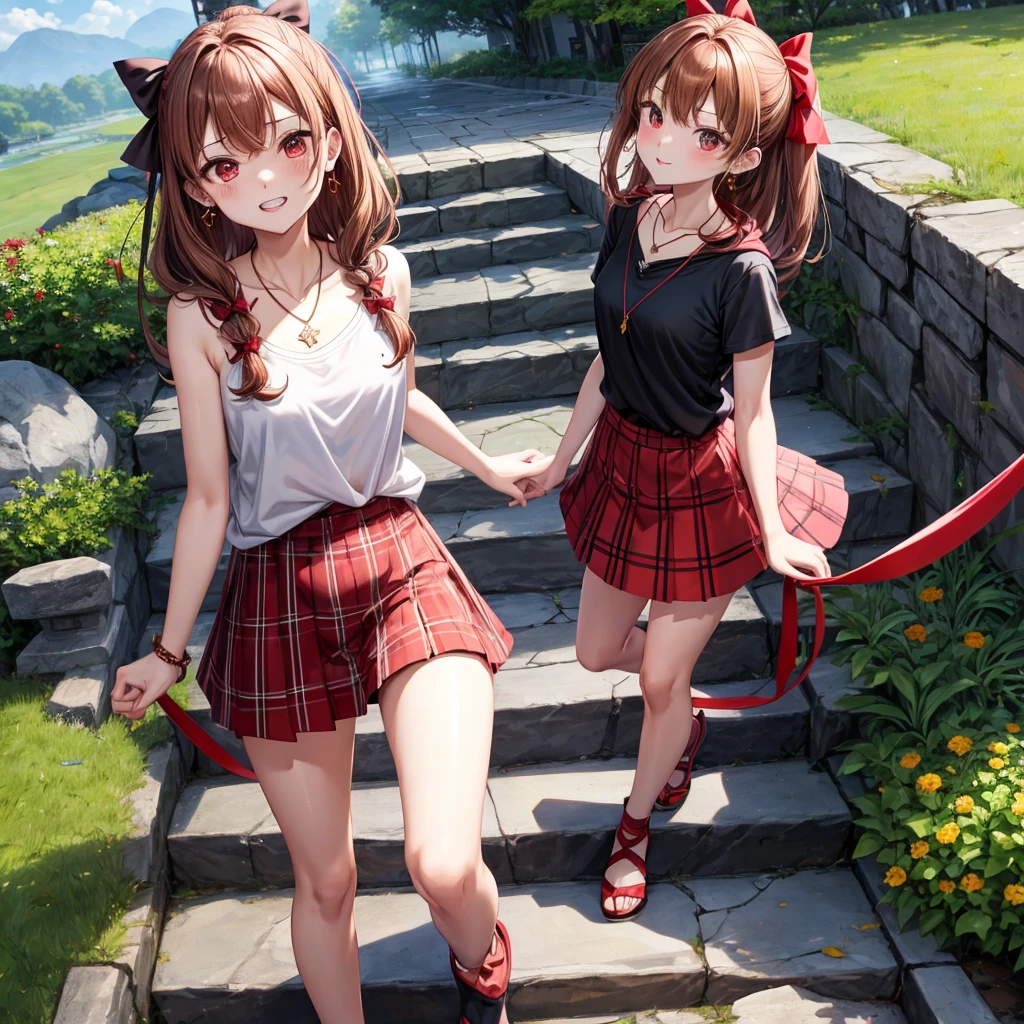 reddish-brown golden hair、red eyes、one good looking girl、solo、anime、plaid mini skirt、black camisole、black t-shirt、hoodie、wearing a ribbon、ribbon at waist、crystal earrings、Gemstone Necklace、Light and shadow、Tilting face、teeth are visible、pillar、evil looking face、Kuroko、Diamond dust、grassland、Water running down the stairs、overflowing、Ants are walking、sulking