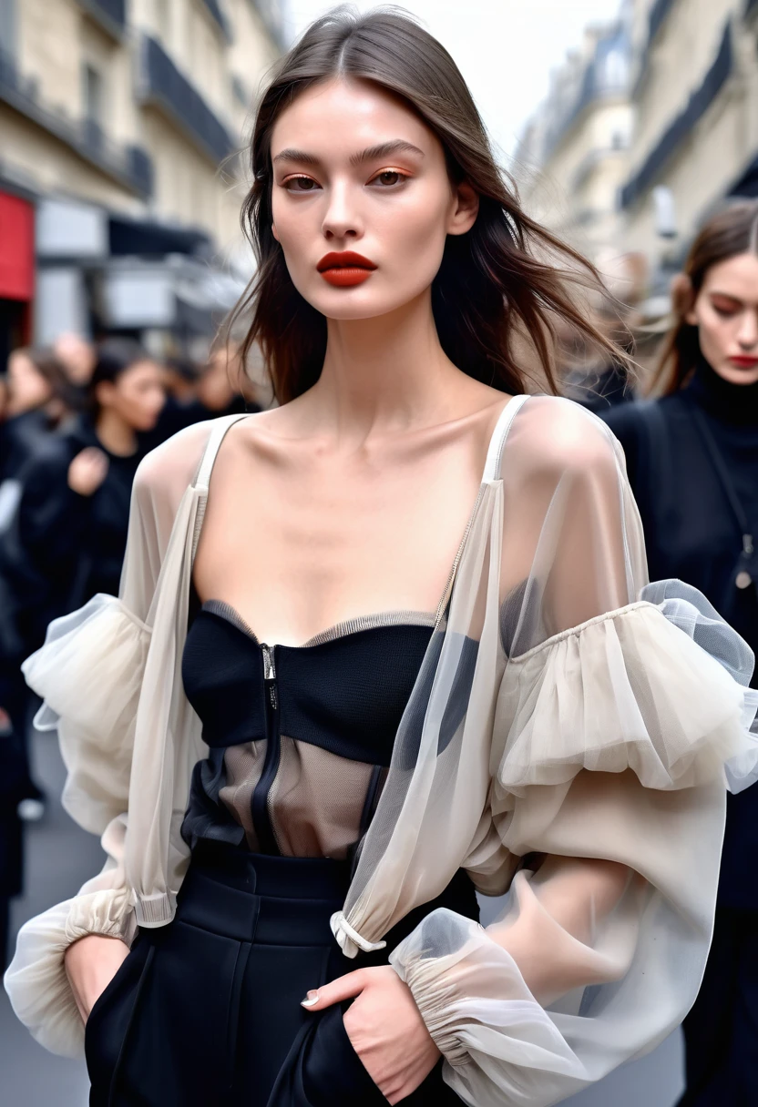 (((Masterpiece))), (top quality)), (((super detail))), professional, Paris Collection, Fashion Week, street snapshot , full length photo, French model, full beige lips, small nose, tall and thin, layers of black tulle very voluminous sporty blouson, big dolman sleeves, wearing black voluminous long wide pants, art station, ultra realistic, realistic, full color
