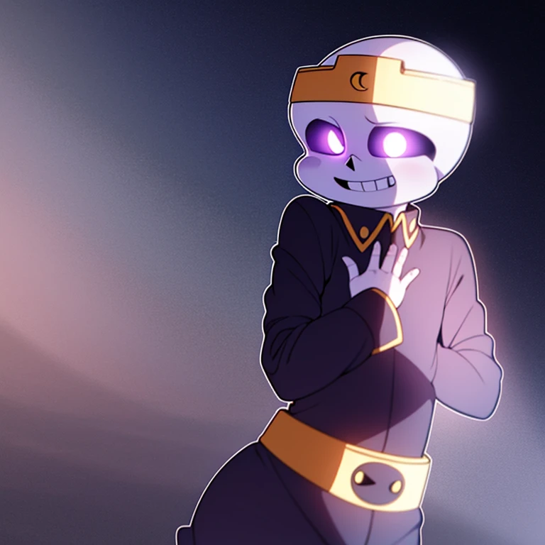 nightmare!sans, skeleton, dark purple jacket, black pants, dark purple boots, lavender pupils, smiling, golden moon crown, goldev belt has NM sign, standing still, solo, eye holes, dark eyes, cartoon, cartoon eyes, simple background