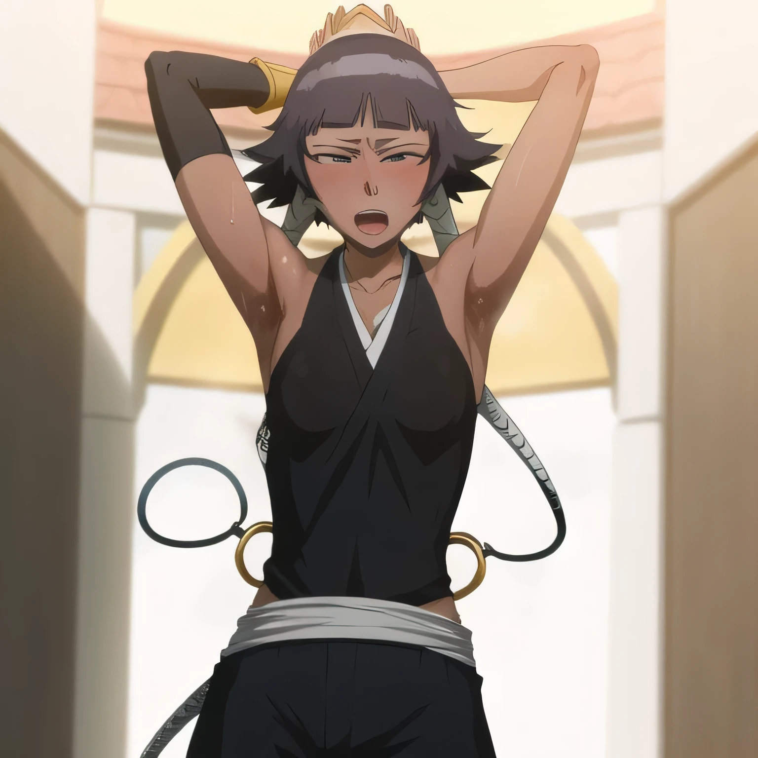 ( Animation screenshots:1.1),outdoor, Exposed, 1 girl, alone, black hair, side breastal, short hair with long locks, japanese clothing, - Hip vents, no underwear,short hair, small breasts, (whi:1.1),No eyeballs, Also available in black, No headwear,low double braids,Face the audience, looking at the audience, tired, from below, (Show armpits:1.1), ((Armpit:1.2)), Sexy, Sweat drippingore and more sweat,(ahegao), (Roll your eyes), naughty face, blush, open mouth, Sticking out tongue, saliva, sloppy person,Runny nose,skinny, raise arms, (arms above head:1.5)