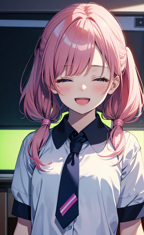 (masterpiece、top-quality、8k size wallpaper、offcial art)、(face focus:1.8,portrait,upper body:1.6)、(1girl),(very loud laugh,Open mouth:1.3),(closed eyes),cute face,blue eyes、twintails、
,(stand),
,(sexy body),(school uniform),(long fluorescence pink hair1.3), (small breasts)、
、fluorescence、classroom,JK、