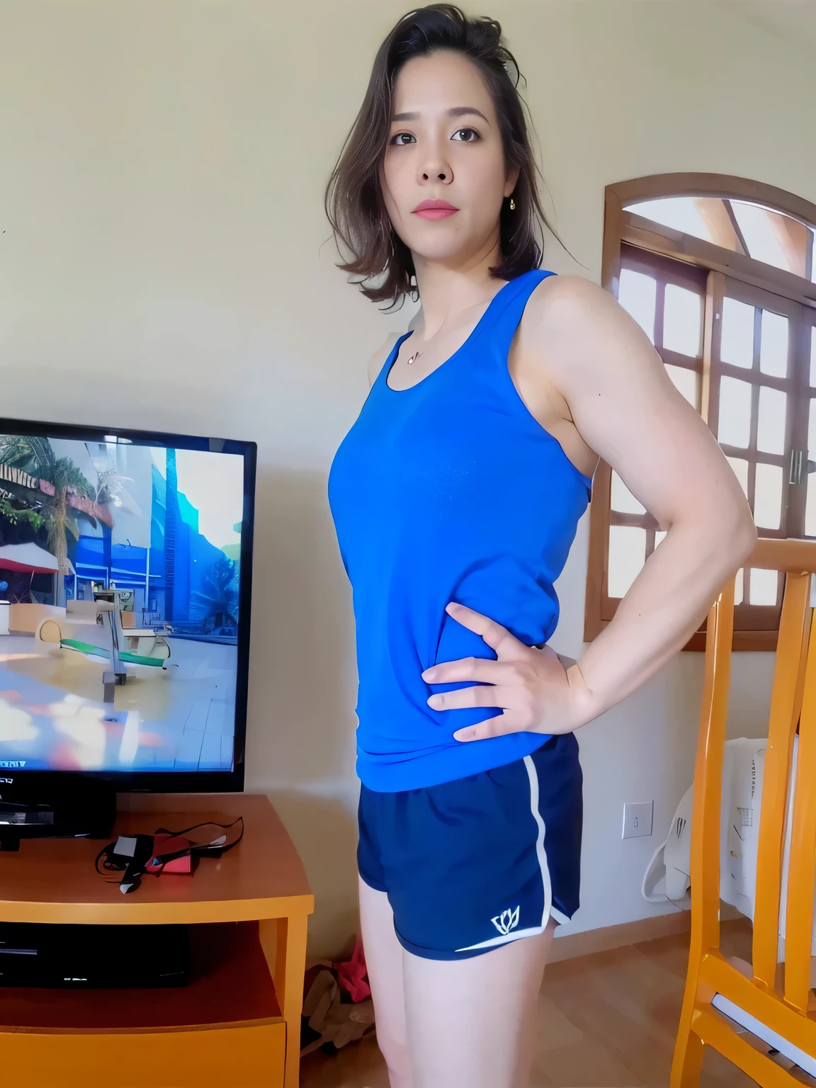 there is a woman standing in front of a television in a living room, short sports shorts and dark blue shorts, wearing blue tank top and shorts, t-shirt and sports shorts, wearing t-shirt and shorts, wearing gym equipment, in shorts, dressed in tank top and shorts, blue shorts, 35-year-old Brazilian mother using gym equipment, fitness body. Full body photo in high resolution and high quality, 8k.