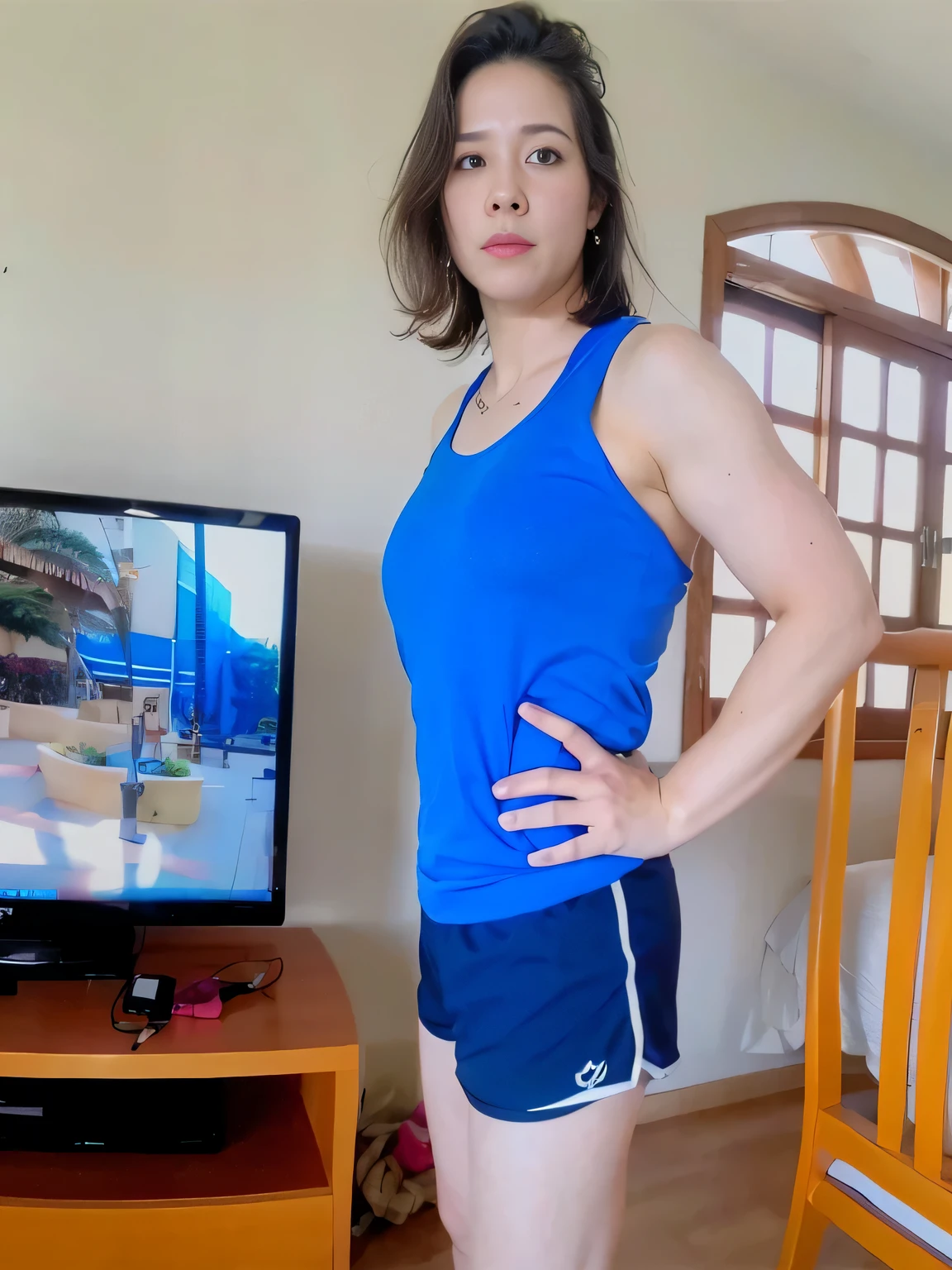 there is a woman standing in front of a television in a living room, short sports shorts and dark blue shorts, wearing blue tank top and shorts, t-shirt and sports shorts, wearing t-shirt and shorts, wearing gym equipment, in shorts, dressed in tank top and shorts, blue shorts, 35-year-old Brazilian mother using gym equipment, fitness body. Full body photo in high resolution and high quality, 8k.