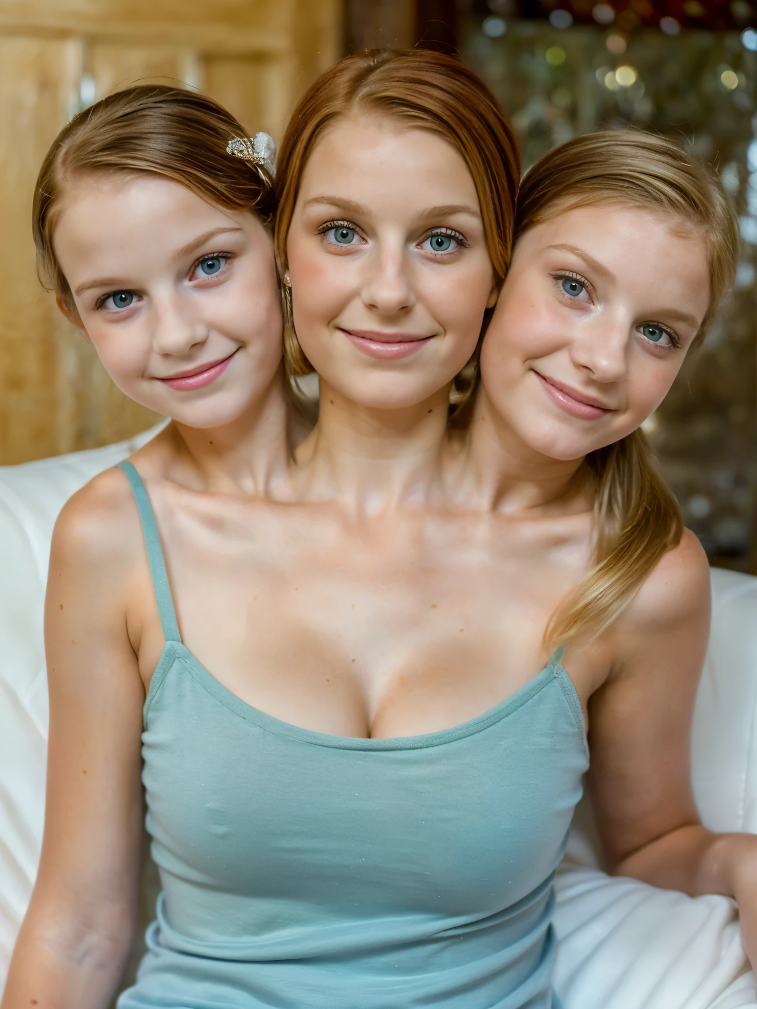 There are three women sitting on a couch together posing for a picture ...