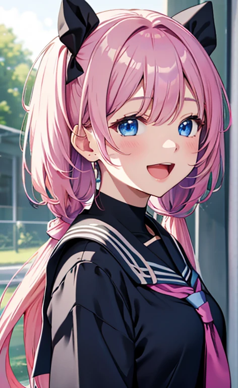 (masterpiece、top-quality、8k size wallpaper、offcial art)、(face focus:1.8,portrait,upper body:1.6)、(1girl),(very loud laugh,Open mouth:1.3),(closed eyes),cute face,blue eyes、twintails、
,(stand),
,(sexy body),(school uniform),(long fluorescence pink hair1.3), (small breasts)、
、fluorescence、classroom,JK、