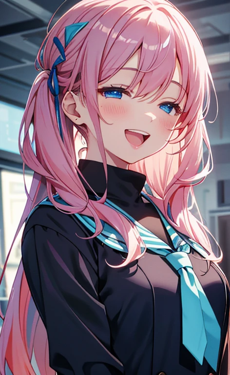 (masterpiece、top-quality、8k size wallpaper、offcial art)、(face focus:1.8,portrait,upper body:1.6)、(1girl),(very loud laugh,Open mouth:1.3),(closed eyes),cute face,blue eyes、twintails、
,(stand),
,(sexy body),(school uniform),(long fluorescence pink hair1.3), (small breasts)、
、fluorescence、classroom,JK、