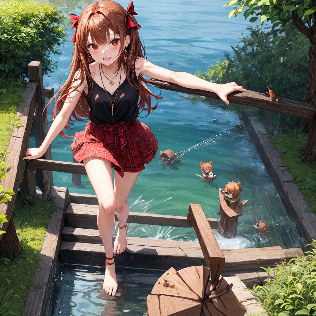 reddish-brown golden hair、red eyes、one good looking girl、solo、anime、plaid mini skirt、black camisole、black t-shirt、hoodie、wearing a ribbon、ribbon at waist、crystal earrings、Gemstone Necklace、Light and shadow、Tilting face、teeth are visible、pillar、evil looking face、Kuroko、Diamond dust、grassland、Water running down the stairs、overflowing、Ants are walking、sulking