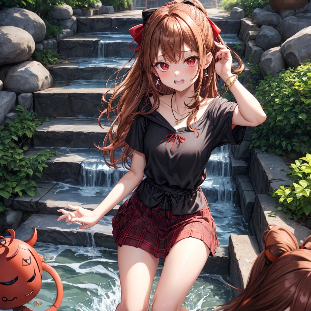 reddish-brown golden hair、red eyes、one good looking girl、solo、anime、plaid mini skirt、black camisole、black t-shirt、hoodie、wearing a ribbon、ribbon at waist、crystal earrings、Gemstone Necklace、Light and shadow、Tilting face、teeth are visible、pillar、evil looking face、Kuroko、Diamond dust、grassland、Water running down the stairs、overflowing、Ants are walking、sulking