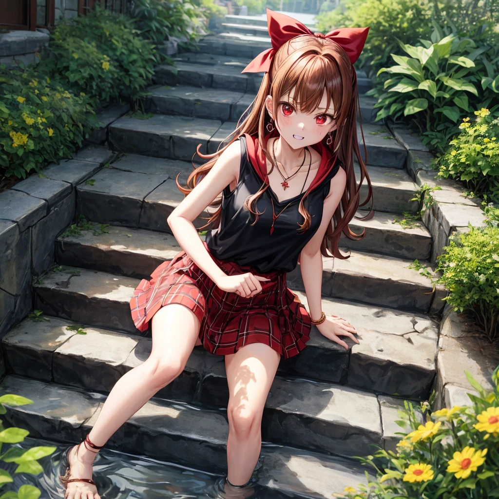 reddish-brown golden hair、red eyes、one good looking girl、solo、anime、plaid mini skirt、black camisole、black t-shirt、hoodie、wearing a ribbon、ribbon at waist、crystal earrings、Gemstone Necklace、Light and shadow、Tilting face、teeth are visible、pillar、evil looking face、Kuroko、Diamond dust、grassland、Water running down the stairs、overflowing、Ants are walking、sulking