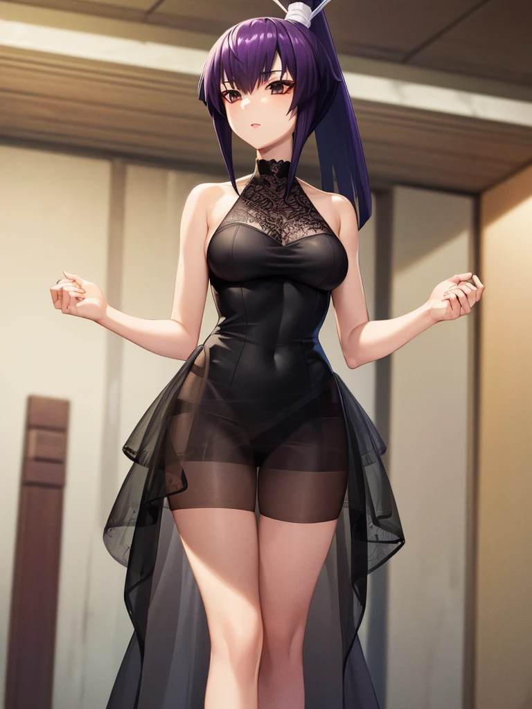 masterpiece, best quality, 1girl, violetparr, mask, long hair, black hair, hair over one eye, closeup, solo, looking at viewer, smile, simple background ,breasts curtains,china dress,