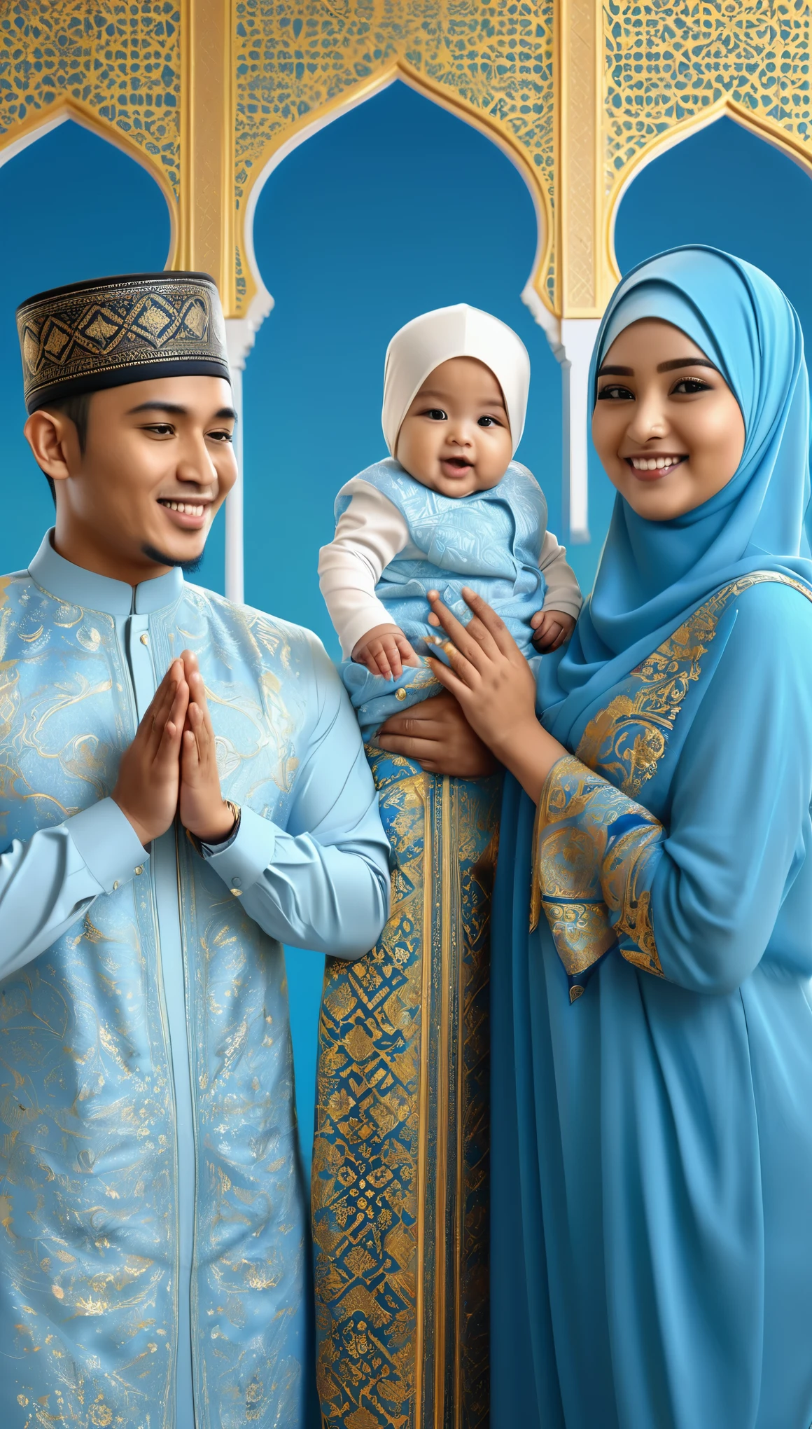 Photorealistic consisting of three persons, an Indonesian young man with skul cap, a baby boy with skul cap and a chubby face woman with long hijab, standing against a beautiful blue and gold background.
Their hands namaste and wore blue Islamic clothes.
The background has a luxurious geometric design, similar to the architecture of a mosque or palace.