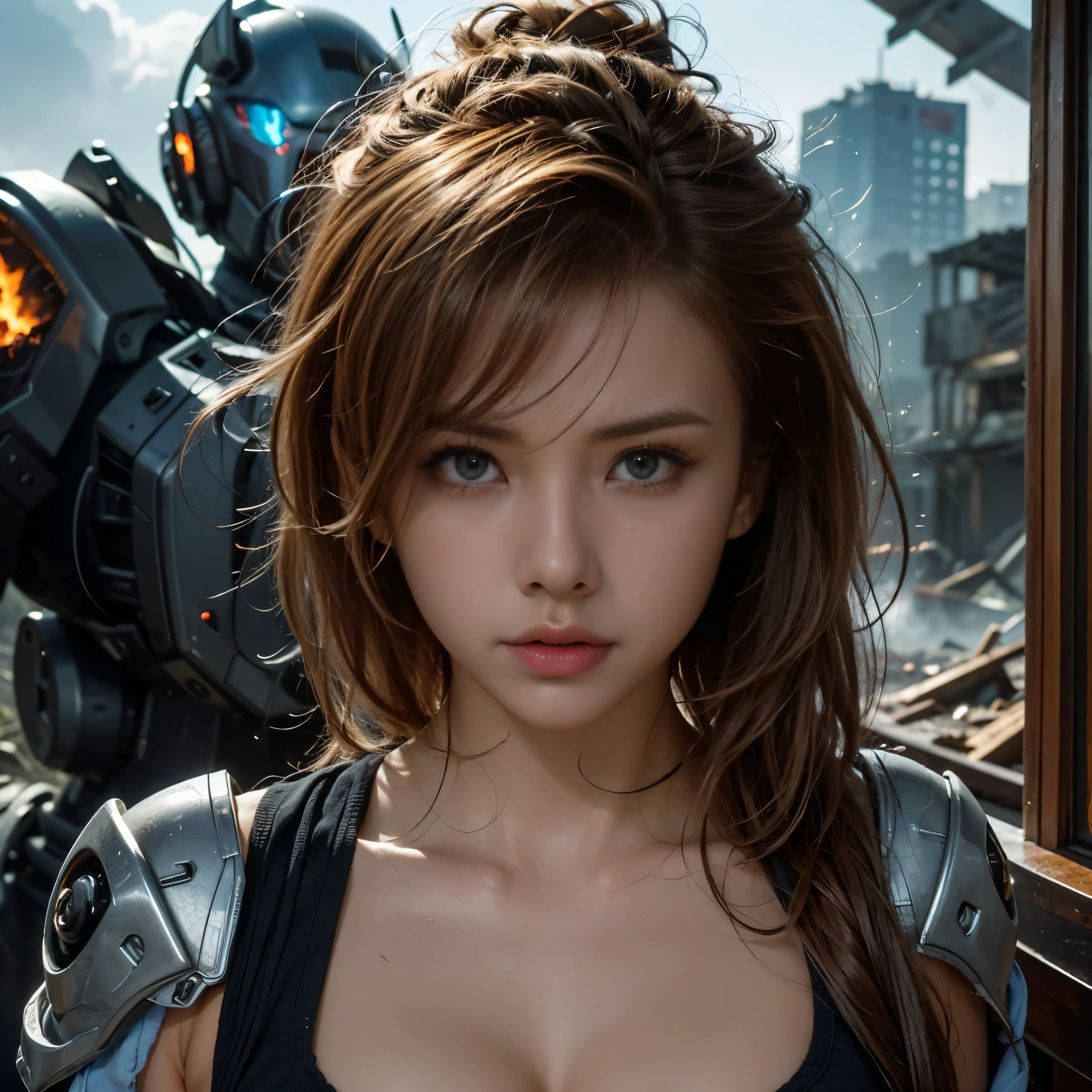 (highest quality、4K、High resolution、master piece: 1.2)、Super detailed、real: 1.37、Natural light、Portrait、surreal colors、futuristic style、Crumbling cityscape、Overgrown vegetation、Foggy atmosphere、Contrasting shadows、tattered clothes、A strong and confident gaze、Abandoned Objects、desolation、Destroyed building silhouette、vivid graffiti、Empowering pose、hair fluttering in the wind、Expressive facial features、unforgettable beauty、Dramatic sky、eerie clouds、intricate details、urban decline、post-apocalyptic setting、Ruins in nature 、Majestic Skyline、Desperate struggle、Creepy Presence、Thought of power、Enhanced Thought of power、intensity of emotions、Tense atmosphere、heroic attitude、intense action、Fearless Determination、Survival from all odds、Dangerous landscapes、Iconic battle、cinematic composition、epic showdown、A moment frozen in time、mysterious aura、fortitude、Women&#39;s Support、strong female protagonist、Fascinating story、Women's power、Fierce determination、Empowering Stories、Behind her is a huge(The invader&#39;s mech is on fire and about to collapse.:1.3)
