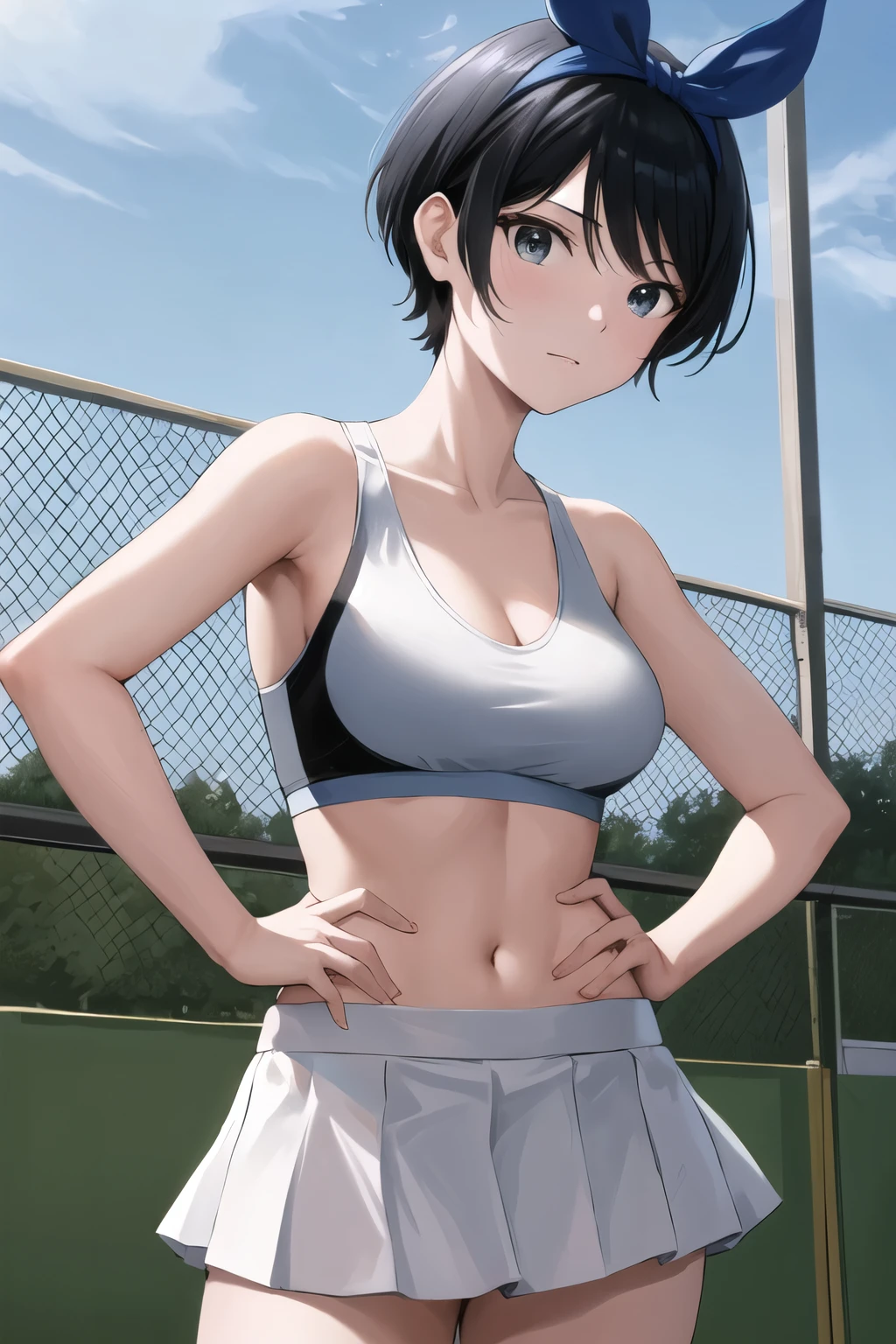 masterpiece, highest quality, High resolution,D cup,blue ribbon,black hair,short hair,Tennis court,gray sports bra(Calvin Klein),white skirt,Standing in honor,put your hands on your hips,from the front