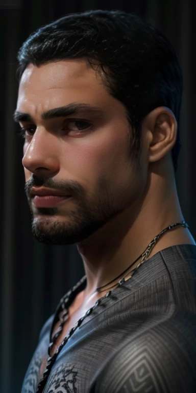 1 homem, Sozinho, Cua Raymond como Batman, alto, chunk, muscular, volume, ombro largo, fotorrealismo, terno cinza escuro e sujo, Dark gray arms, ((without mask)), throw away mask, cabelo preto, Luvas pretas, Melhor qualidade, obra de arte, high resolution:1.2, capa preta, Highly detailed mask, terno altamente detalhado, rosto altamente detalhado, premiado, night time, uma caverna escura ao fundo, dentro de casa, tiro na parte superior do corpo