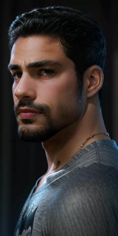 1 homem, Sozinho, Cua Raymond como Batman, alto, chunk, muscular, volume, ombro largo, fotorrealismo, terno cinza escuro e sujo, Dark gray arms, ((without mask)), throw away mask, cabelo preto, Luvas pretas, Melhor qualidade, obra de arte, high resolution:1.2, capa preta, Highly detailed mask, terno altamente detalhado, rosto altamente detalhado, premiado, night time, uma caverna escura ao fundo, dentro de casa, tiro na parte superior do corpo