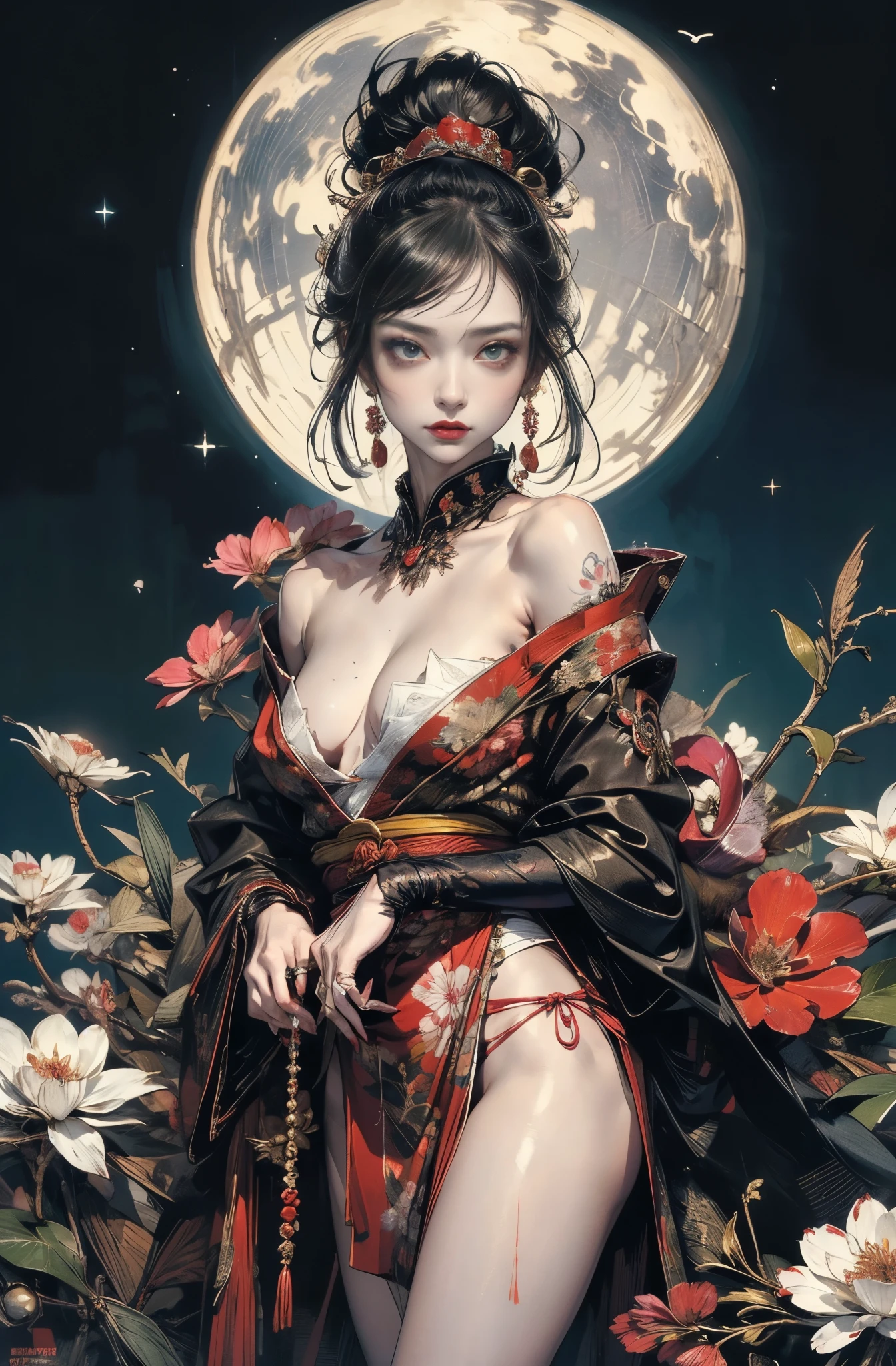 Beautiful demon painting, SakuraFubuki, Senbonzakura, Cherry blossoms scattered in the wind, Zeami, Big Yokai, Devil Charm, Queen of the Monsters, empress of fear, queen of hell, Six Paths of Reincarnation, Beauty of the Leaning Country, beautiful black haired devil, Beautiful red make-up, white face, nine tailed fox, she looks 27 years old, Dream of a butterfly, Sharp beauty, Bewitching, Chinese peony, peony, lily flower, Beautiful red kimono, Oiran, The highest ranking prostitute, Hundred flowers in abundance, flower of slaughter, Female Yakuza, ruler of the red light district, Beautiful and expressive paintings, Beautiful artwork illustration, wonderful, cool beauty, clear, Muromachi Fantasy, Mysterious, highest quality, official art, perfect composition, perfect angle, best shot, women only, sharp outline, pretty much beautiful face, very beautiful and detailed eyes, beautiful and delicate eyes, demon of kyoto, Devil Charmの主, Cold-hearted demon woman, phantom, Hyakki Night Line, Shura Road, Female Yakuza, full body tattoo, underworld, diamond, Rashomon, Gion Seisha, Snow Moon Wind Flowers, The action is permanent, Under the light of the meteor, flying flowers and fallen leaves, Dream Bubble, Close-up: Ultra-detailed paintings inspired by WLOP, art station trends, fantasy art, A complicated mess, The art of hitting, wallop art, WLOP |, wallop style, beautiful character drawings, Wlop painting style, WLOP | germ of art, Unparalleled Beauty Tumbler, figurative art, intense watercolor, watercolor detailed art, watercolor splash, surreal, avant-garde pop art, Beautiful and expressive paintings, Beautiful artwork illustration, very colorful tones, wonderful, cool beauty, masterpiece, highest quality, official art, women only, sharp outline, best shot, vector art, Written by Sandra Chevrier, dave mckean、By Richard Avedon、Written by Makiezi Kusiala, luminous design
