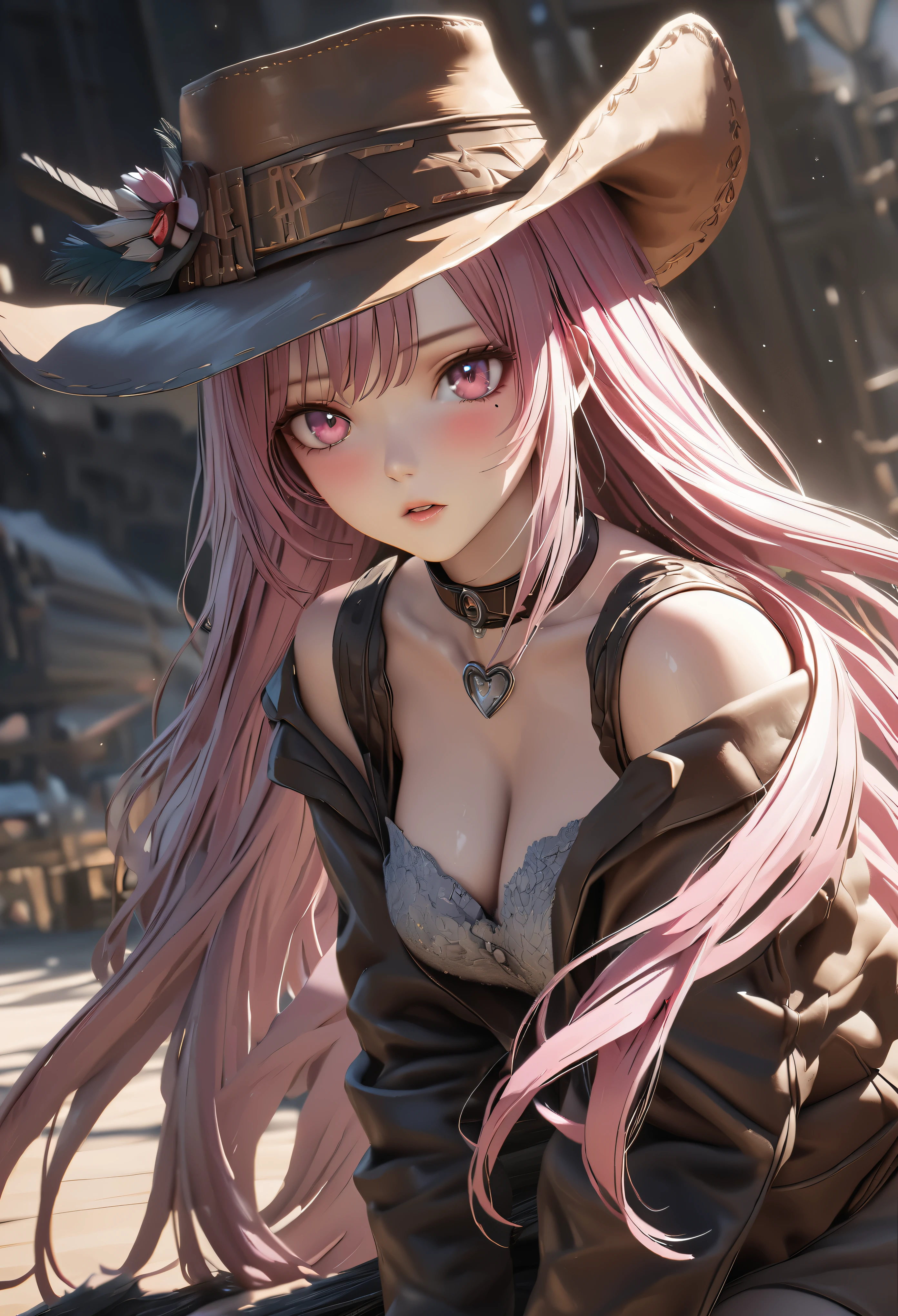 masterpiece,highest quality, Super detailed, High resolution, expensive resolution, HDR, 4k, 8K, unity 8k wallpaper, Super detailed CG, masterpiece, realistic, 2D, 3D, beautiful details, depth, fine texture , super fine: 1.3, Fully focused, Crispy.skin, .he, Very cute anime girl 、cowboy style costume、cowboy hat、cowboy boots technic wilderness、duel、long sword、Pink semi-long hair wearing expensive , one girl、alone, Pink semi-long hair, cowboy style、cowboy hat、long sword、duel、cowboy bootole under the eye, looking at the viewer , expensive , blush, mole, parted lips, hair ornaments, heart, pink eyes, choker