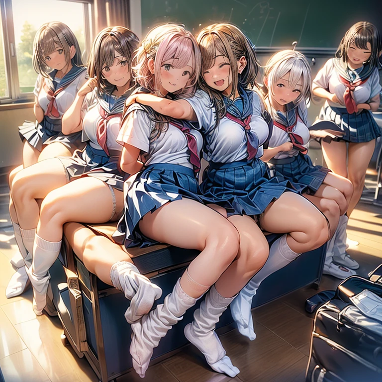 nswf:1.3,(masterpiece: 1.2, highest quality, masterpiece, Clearer images), (bright colors), ((Take clear photos even from a distance)), (multiple girls), (Harem), (School classmates), (((All school uniforms have the same design))), (((Everyone is wearing the same dark blue skirt))), ((18-year-old)), ((prostitution婦)), (prostitution宿), (cute Japanese((6 girls))), (((infant&#39;face))), ((group shot)), (group selfie), ((buttocks visible from thighs))、 (Full body diagram from head to toe), front, frontやや下からの構図, symmetry, 18-year-oldの背の高い女の子, alone, (whole body from head to toe),wide angle, soft light, ((((laugh with your mouth wide open)))), (normal size breasts), ((prostitution)), (lure), ((viewers love it)), (((A lot of hearts are flying))), landscape、((((spread legs:1.5)))、((female masturbation:1.8))、((Chest grab:1.3)),(((good lift:1.4)))、(((show something good:1.5)))、(skirt lift:1.3) 、closed one eye、stick one out&#39;&#39;s crotch、((youth))、((((Knee-length white loose socks))))、(((classroom)))、(((sitting on the desk)))