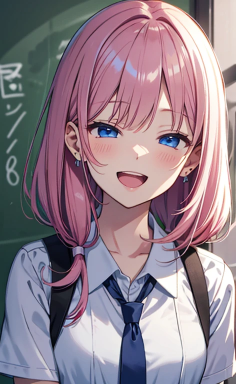 (masterpiece、top-quality、8k size wallpaper、offcial art)、(face focus:1.8,portrait,upper body:1.6)、(1girl),(very loud laugh,Open mouth:1.3),(closed eyes),cute face,blue eyes、twintails、
,(stand),
,(sexy body),(school uniform),(long fluorescence pink hair1.3), (small breasts)、
、fluorescence、classroom,JK、