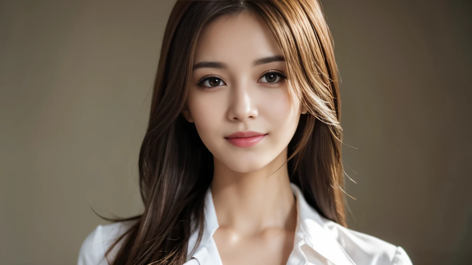 table top, highest quality, realistic, Super detailed, finely, High resolution, 8k wallpaper, 1 beautiful woman,, light brown messy hair, wearing a business suit, sharp focus, perfect dynamic composition, finelyて美しい目, thin hair, Detailed and realistic skin texture, smile, close-up portrait, model body shape