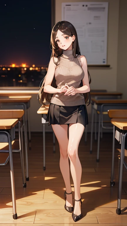 8K,(masterpiece:1.2, highest quality), (realistic:1.3), detailed eyes,beautiful illustrations, (natural side lighting, movie lighting), NSFW:1.0, (looking to the side), (full body, Front view), (panty shot), 1 girl, Japanese,22 years old, female teacher, perfect face, Cute symmetrical face, shiny skin, (long hair, straight hair, light brown hair), asymmetrical bangs, (gold eyes), long eyelash, (medium breasts), thin, beautiful hair, beautiful face, (detailed and beautiful eyes), beautiful clavicle, beautiful body, beautiful breasts, beautiful thighs, beautiful feet, beautiful fingers, lace panties, ((Brown sleeveless high neck sweater, black tight mini skirt)), (beautiful scenery), evening, (school classroom), Are standing,wearing black high heels, (embarrassing, upper eye, close your mouth),