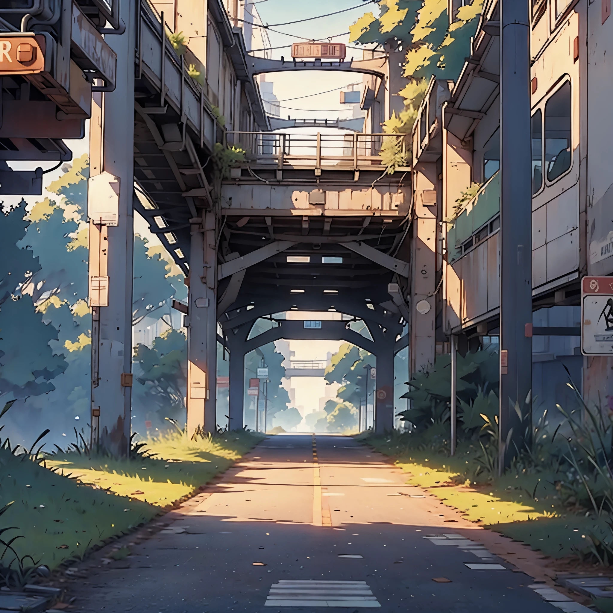 
Empty city of The Last Us under the bridge, with several cars and buses in the streets, grass and plants growing in the middle of it, with first person view, cartoon style, 2D illustration, 2D, with contour