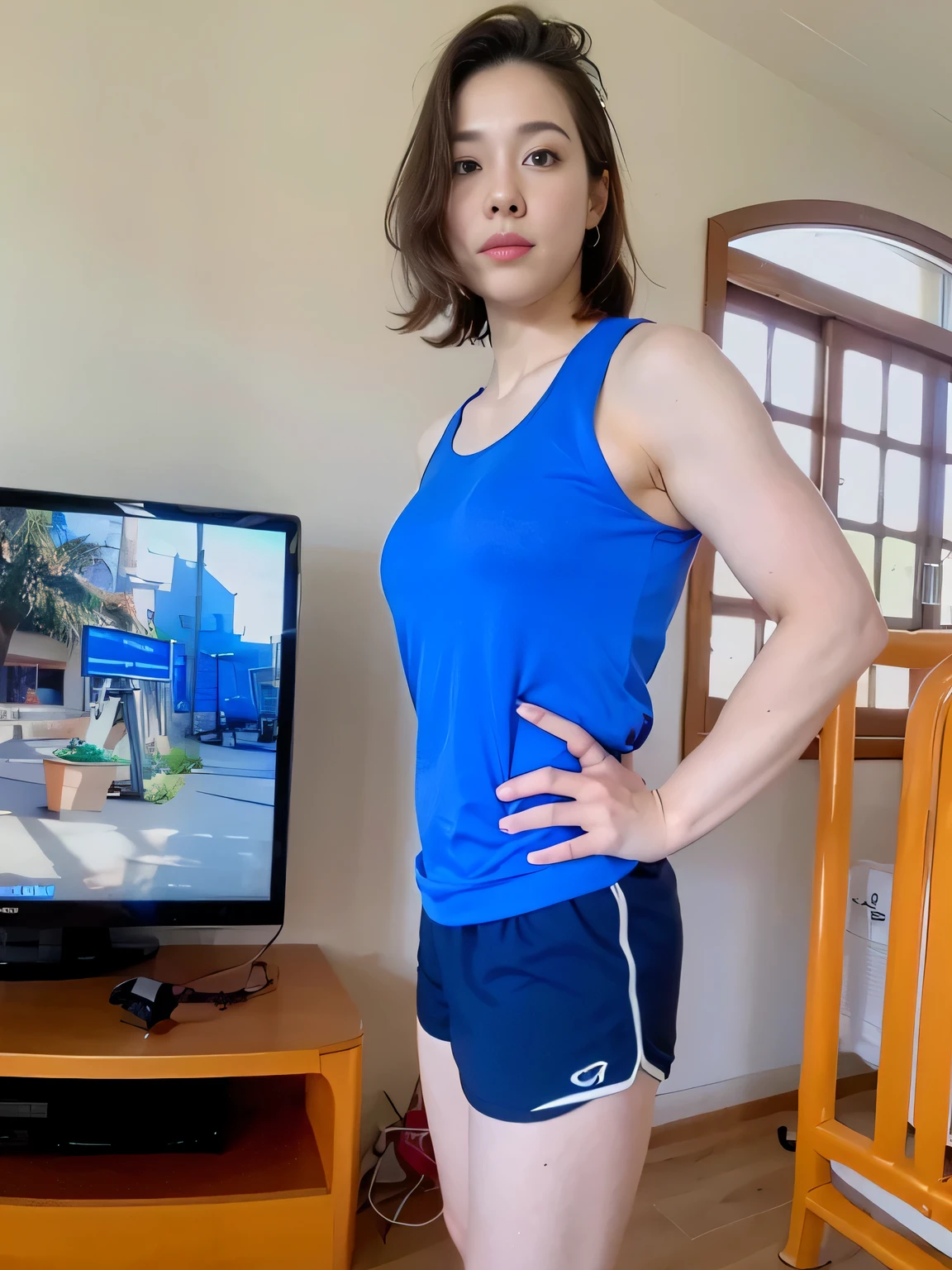 there is a woman standing in front of a television in a living room, short sports shorts and dark blue shorts, wearing blue tank top and shorts, t-shirt and sports shorts, wearing t-shirt and shorts, wearing gym equipment, in shorts, dressed in tank top and shorts, blue shorts, 35-year-old Brazilian mother using gym equipment, fitness body. Full body photo in high resolution and high quality, 8k.