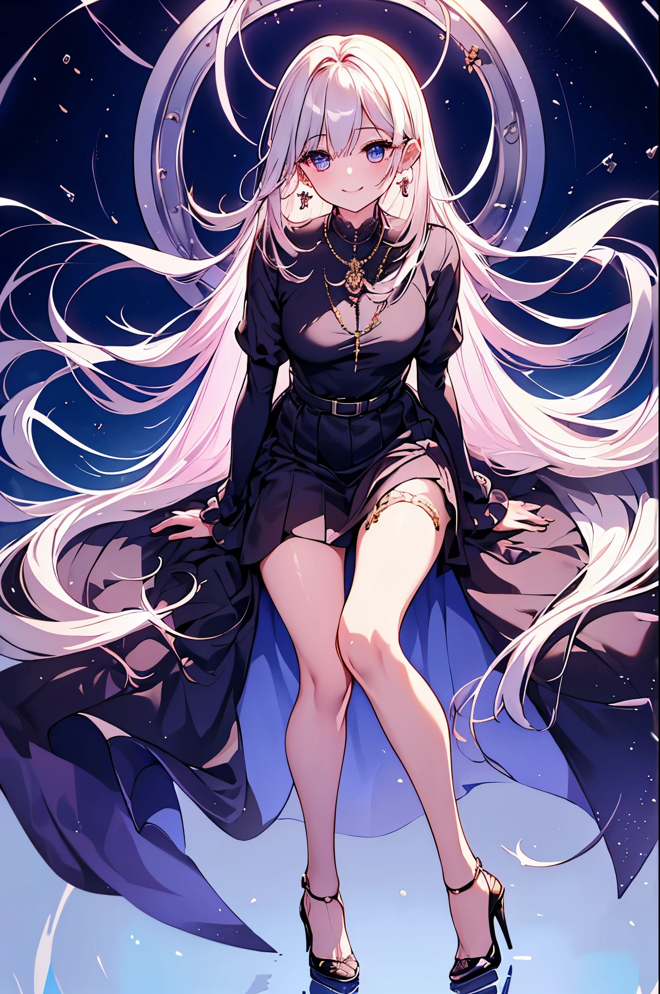 ((Biologically correct number of limbs))、(( Full body photo including face))、4K、masterpiece、((focus on the face))、((Symmetrical facial features))、Eyes with detailed description、Beautiful woman、outstanding style、beautiful arms、beautiful legs、beautiful hands、(slender)、Detailed depiction of faces、small earrings、necklace、(shiny uniform、shiny skirt、high heels、stockings)smile、(beautiful legsのアップ)、