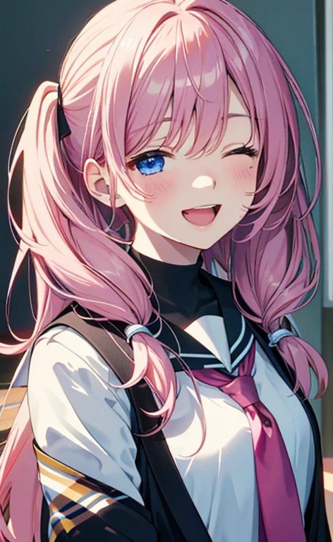 (masterpiece、top-quality、8k size wallpaper、offcial art)、(face focus:1.8,portrait,upper body:1.6)、(1girl),(very loud laugh,Open mouth:1.3),(closed eyes),cute face,blue eyes、twintails、
,(stand),
,(sexy body),(school uniform),(long fluorescence pink hair1.3), (small breasts)、
、fluorescence、classroom,JK、