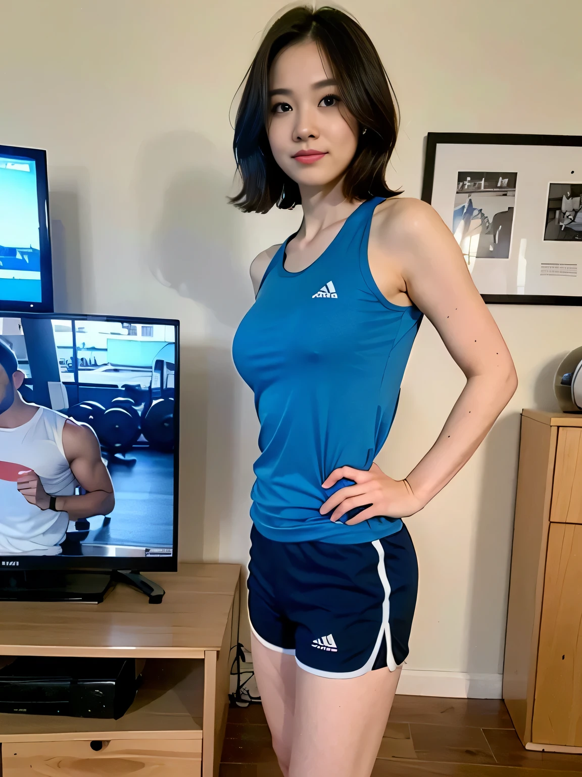 there is a woman standing in front of a television in a living room, short sports shorts and dark blue shorts, wearing blue tank top and shorts, t-shirt and sports shorts, wearing t-shirt and shorts, wearing gym equipment, in shorts, dressed in tank top and shorts, blue shorts, 35-year-old Brazilian mother using gym equipment, fitness body. Full body photo in high resolution and high quality, 8k.