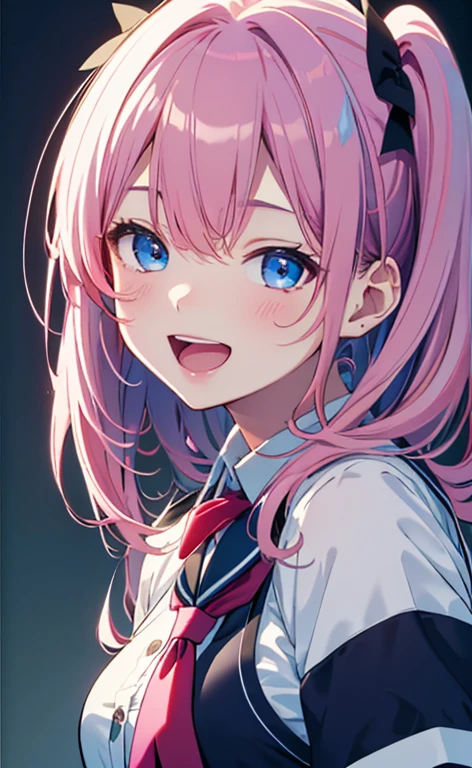 (masterpiece、top-quality、8k size wallpaper、offcial art)、(face focus:1.8,portrait,upper body:1.6)、(1girl),(very loud laugh,Open mouth:1.3),(closed eyes),cute face,blue eyes、twintails、
,(stand),
,(sexy body),(school uniform),(long fluorescence pink hair1.3), (small breasts)、
、fluorescence、classroom,JK、