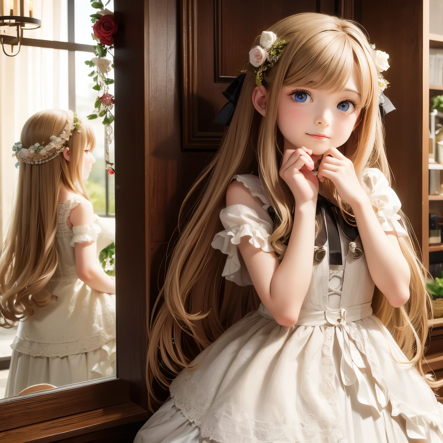(Loose fluffy long hair braid,)(beautiful girl,)(floral dress,)(Western-style building,)(Roses,)(delicate eyes,)(delicate fingers,)(highest quality,)(highest quality,)realistic images、realistic、 girl、