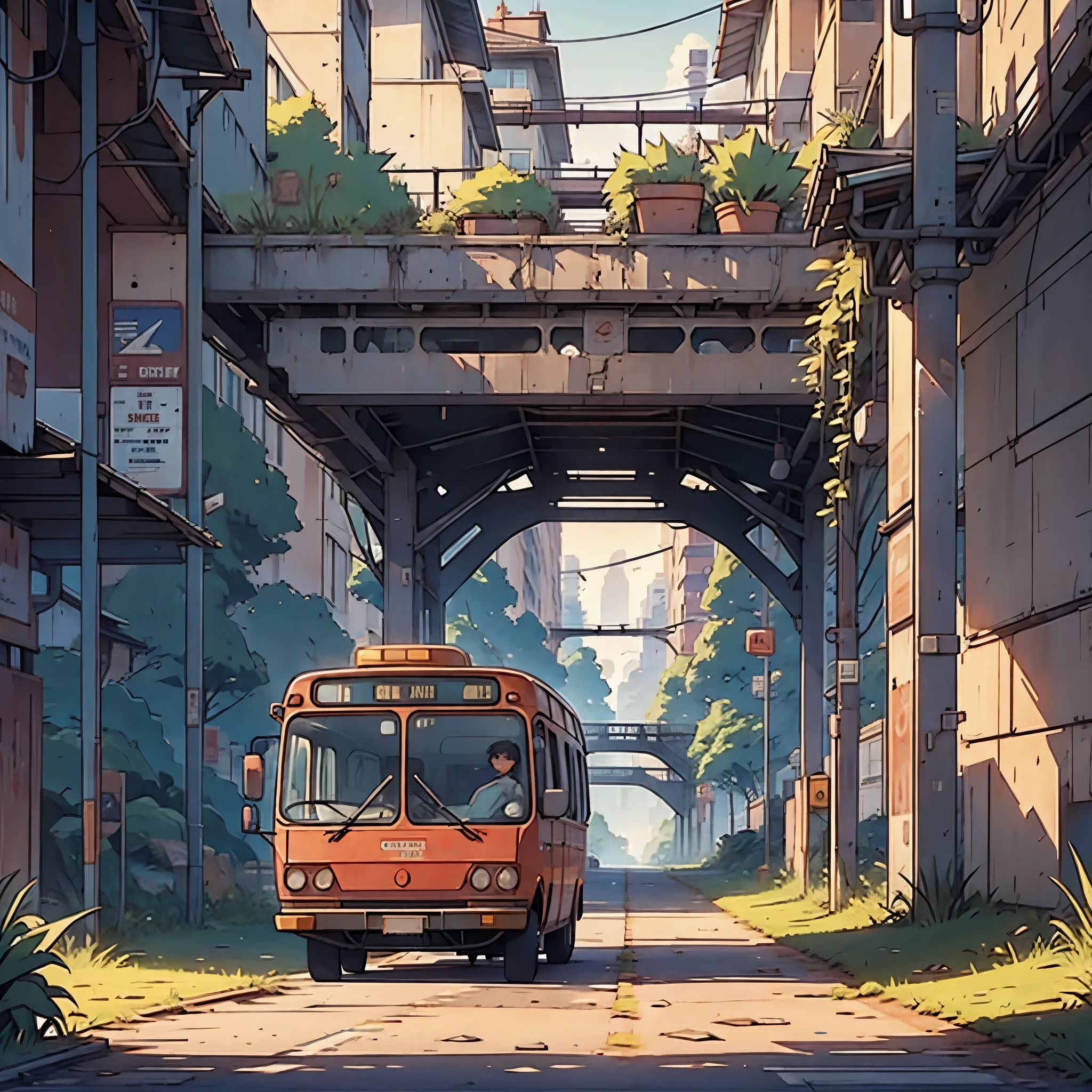 
Empty city of The Last Us under the bridge, with several cars and buses in the streets, grass and plants growing in the middle of it, with first person view, cartoon style, 2D illustration, 2D, with contour