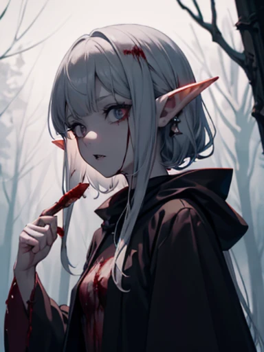 An little Elf girl with Morbid pale skin, Dark-elf, Bloody face, Bloody hands, Bloody black Robe, She is holding a Blood-dripping Knife, Dark atmosphere, Insanity atmosphere, She is taking pleasure to kill human