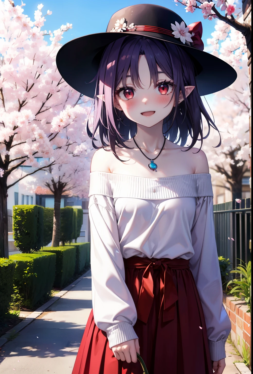 yuukikonno, yuuki konno, long hair, pointy ears, purple hair, (red eyes:1.5), (small breasts:1.2),blush, happy smile, smile, Open-mouth hunting hat,White off-shoulder sweater,bare shoulders,naked neck,bare clavicle,Heart shaped pendant,Purple long skirt,white sneakers,Cherry blossoms are scattered,cherry blossoms are blooming,Cherry Blossom Tree-lined Path BREAK looking at viewer, full body,,(cowboy shot:1.5),
BREAK outdoors, garden,
BREAK (masterpiece:1.2), best quality, high resolution, unity 8k wallpaper, (illustration:0.8), (beautiful detailed eyes:1.6), extremely detailed face, perfect lighting, extremely detailed CG, (perfect hands, perfect anatomy),