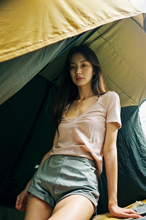((top-quality、in 8K、masterpiece:1.3、Raw photo))、Super high quality photos, ((In the dense forest)), ((Captured from above)), Japan's top idol women with perfect beauty, Perfect beauty, ((slim figure))、((der riese))、((Wear a white see-through shirt)), ((not wearing bra)), (( are protruding)), tropical jungle、 (Photorealistic: 1.4), (Ultra-high detail), (hyper realisitic: 1.4), (Realistic: 1.3), (Smooth lighting: 1.05), 1girl in, Solo, (Japanese actressl), 20yr old, Full body, ((camel's toe)), ((der riese)), Size difference, cinematlic lighting, ((slim thigh)), ((Perfect beauty)), ((The most beautiful face)), ((Transcendent beauty)),tropical jungle、((with spreading legs)), ((In the dense forest)), ((slim figure)), ((pitch a small tent at the campsite)), ((Little people々Fleeing)),((Captured from above)), Real rain, wetting hair,