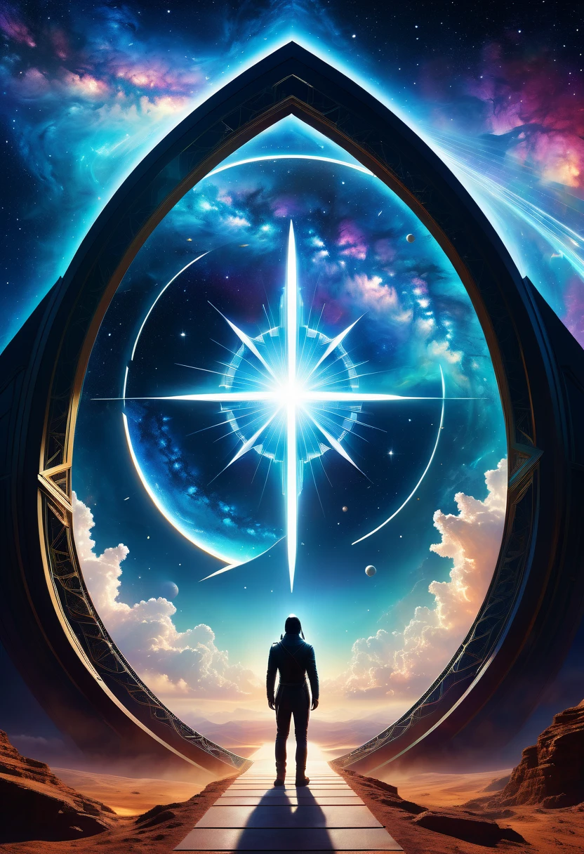 Giant triangle cybernetics,Magnificent cosmic starry sky background,Intricate illustration in surreal art style,surreal dream,Dubrec style,Transparent geometric shape close-up,(multiple exposure:1.8),A man stood in the doorway,Alphad's image with a star in the sky, Entering the ethereal realm, A portal to another universe, The gateway to the ethereal realm, artgem and beeple masterpiece, portal to another dimension, futuristic stargate, door to universe, Movie Bee, Jessica Rossier Fantasy Art