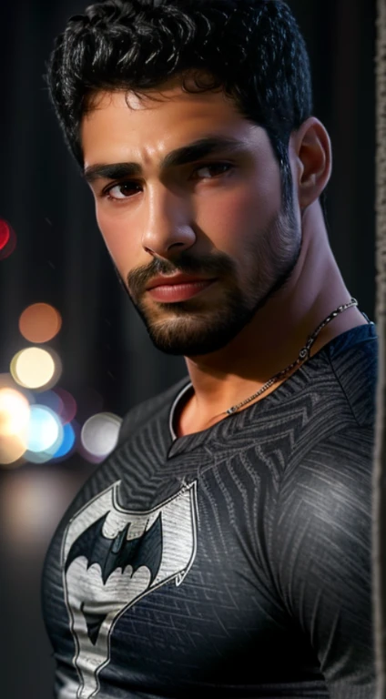 1 homem, Sozinho, Cua Raymond como Batman, alto, chunk, muscular, volume, ombro largo, fotorrealismo, terno cinza escuro e sujo, Dark gray arms, ((without mask)), throw away mask, cabelo preto, Luvas pretas, Melhor qualidade, obra de arte, high resolution:1.2, capa preta, Highly detailed mask, terno altamente detalhado, rosto altamente detalhado, premiado, night time, uma caverna escura ao fundo, dentro de casa, tiro na parte superior do corpo