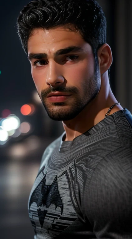 1 homem, Sozinho, Cua Raymond como Batman, alto, chunk, muscular, volume, ombro largo, fotorrealismo, terno cinza escuro e sujo, Dark gray arms, ((without mask)), throw away mask, cabelo preto, Luvas pretas, Melhor qualidade, obra de arte, high resolution:1.2, capa preta, Highly detailed mask, terno altamente detalhado, rosto altamente detalhado, premiado, night time, uma caverna escura ao fundo, dentro de casa, tiro na parte superior do corpo