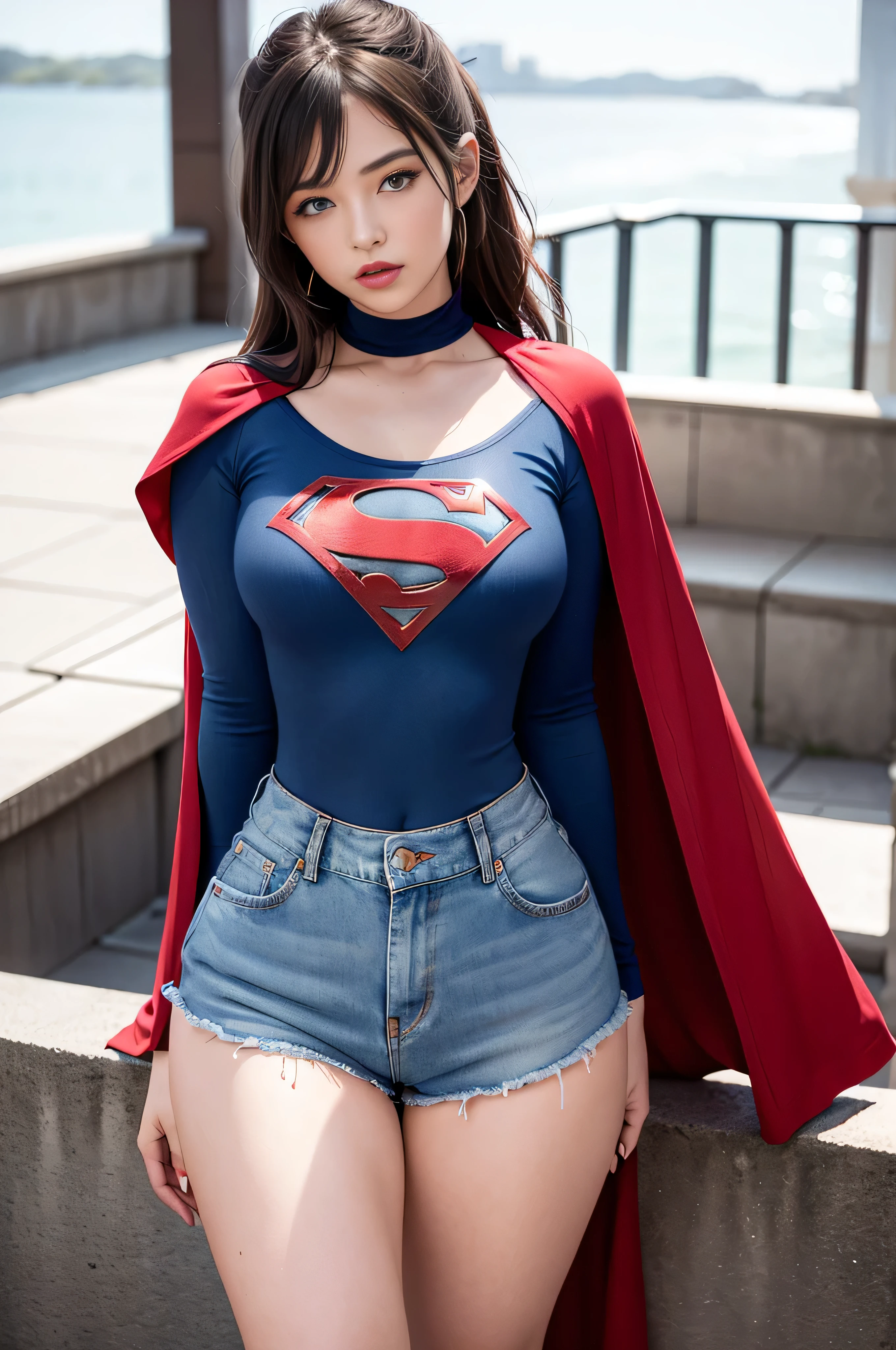 (Very detailed RAW color photography), 4k, realistic, charismatic, very detailed, there is a girl in the sky, dressed in a super girl costume, (she is a super girl), superhero theme, extra long black multicolored and wavy hair, extra long ponytail with bangs, hair ribbon, 25 years, full body, (detail in eyes), (detail on face), stunningly beautiful, blue eyes, blush, makeup, red lipstick, cotton t-shirt, red cape, (denim shorts), (wide hips), (thick thighs), small breasts, dress,, seductive pose, (extreme hourglass figure), strong thighs, svelt