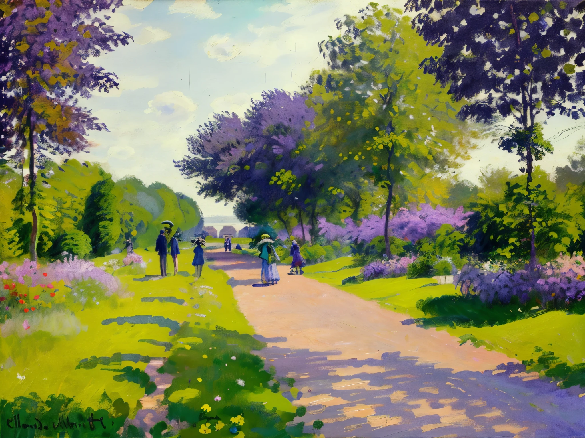 Make me a large painting, by an impressionist painter of couples of people dressed in 19th century style are walking in French public garden with bandstand and benches, inspired by Claude Monet's work, without tree. Dominant colors green and purple, Big sky with a few white clouds.