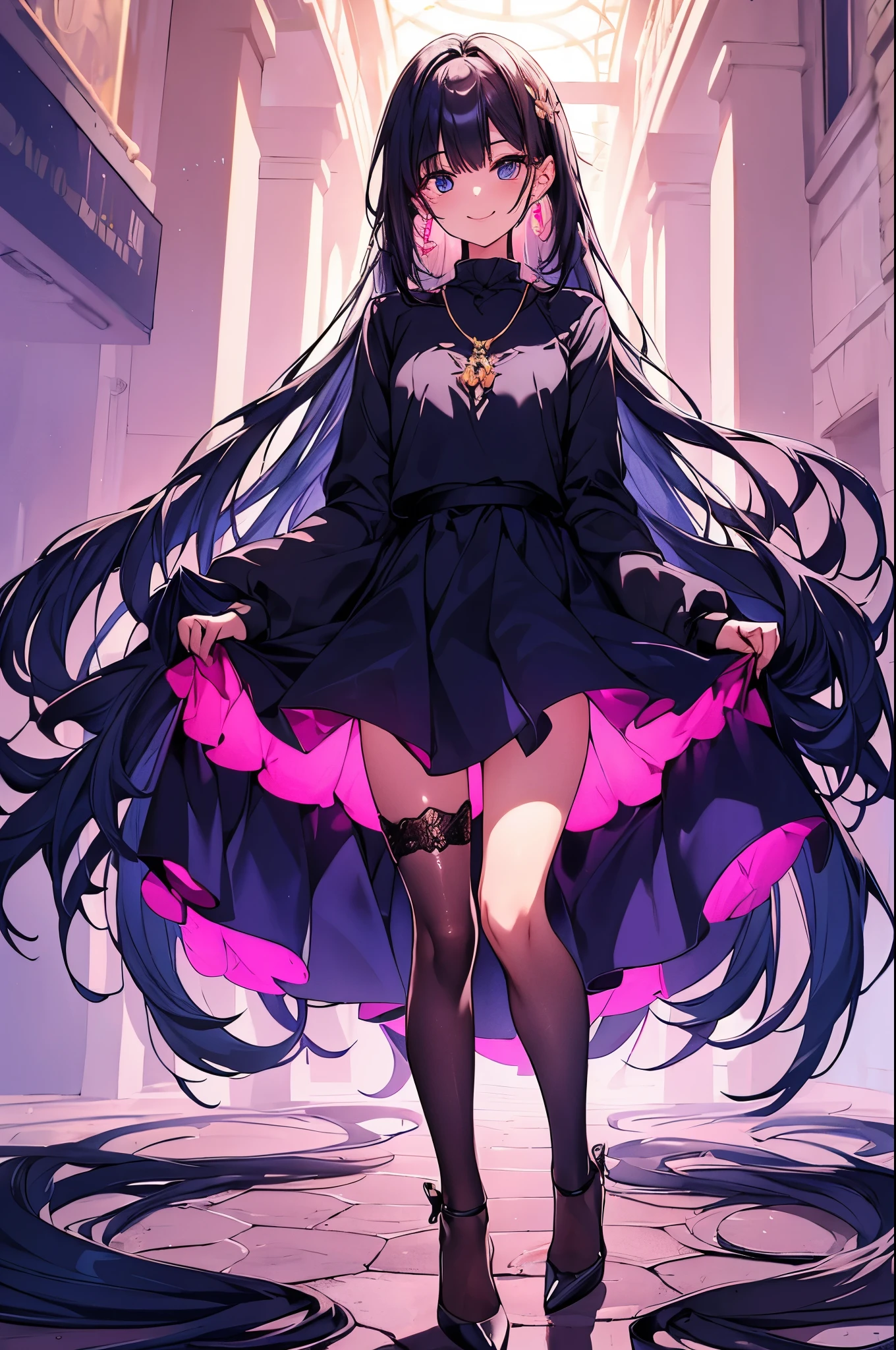 ((Biologically correct number of limbs))、(( Full body photo including face))、4K、masterpiece、((focus on the face))、((Symmetrical facial features))、Eyes with detailed description、Beautiful woman、outstanding style、beautiful arms、beautiful legs、beautiful hands、(slender)、Detailed depiction of faces、small earrings、necklace、(shiny uniform、shiny skirt、high heels、stockings)smile、(beautiful legsのアップ)、