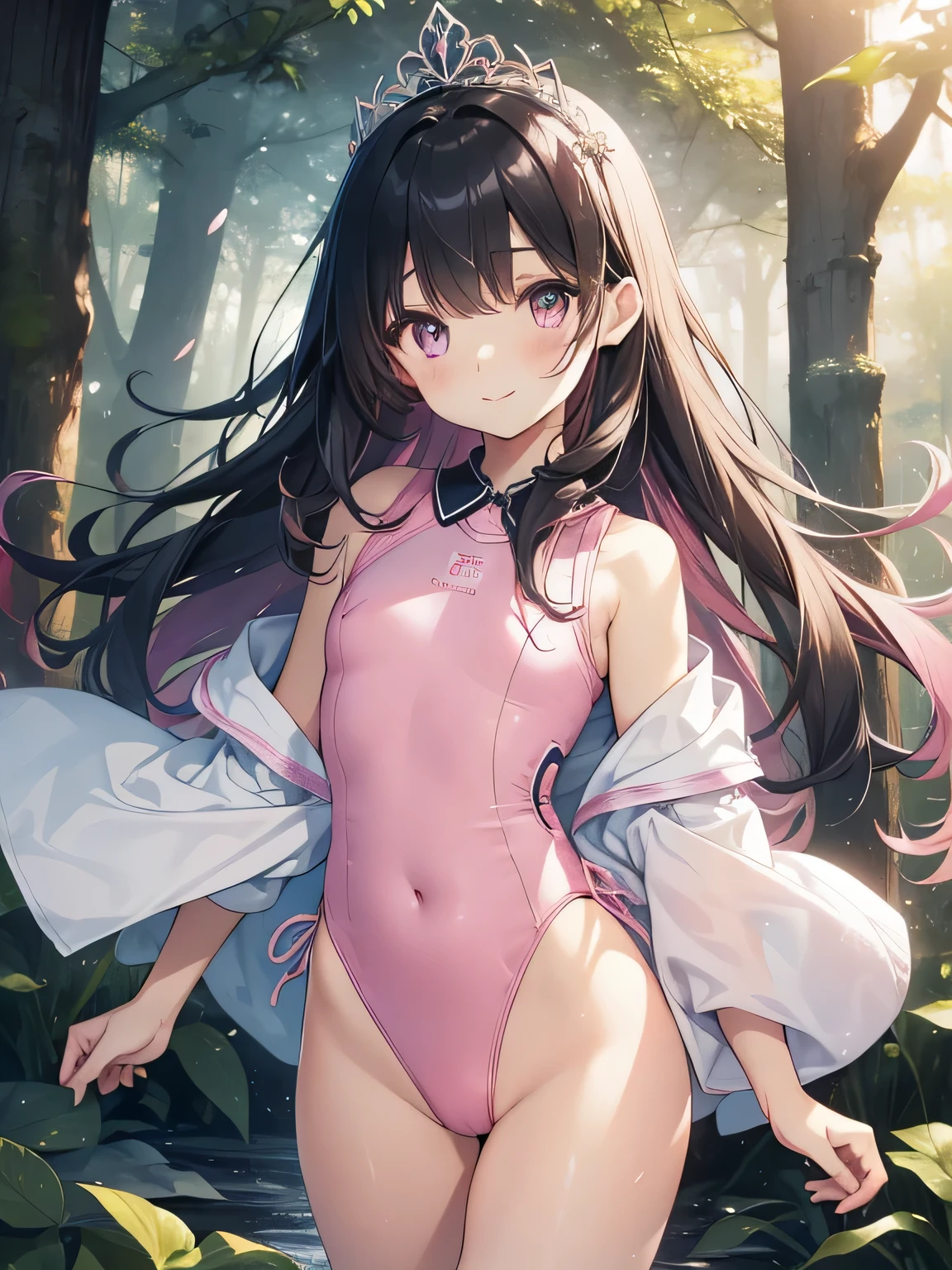 highest quality、Highest image quality、beautiful eyes、very delicate and beautiful、beautiful eyes、pink eyes、Soio、Soio、11 year old girl、Japanese、、Chiquita、Noble、primary school student、black hair、barefoot、(Judo)、(((The lower body is in a pink leotard)))、(High leg)、tiara on head、smile、Standing, facing forward、The background is in the forest